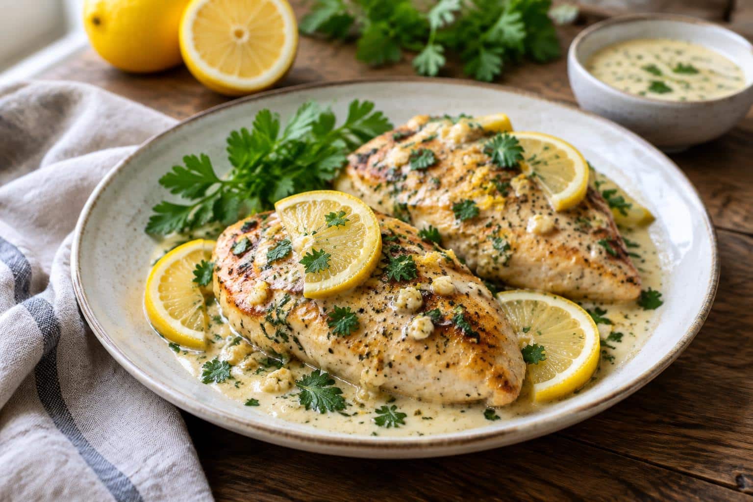 Creamy garlic lemon chicken plated with lemon slices and parsley garnish in soft natural light