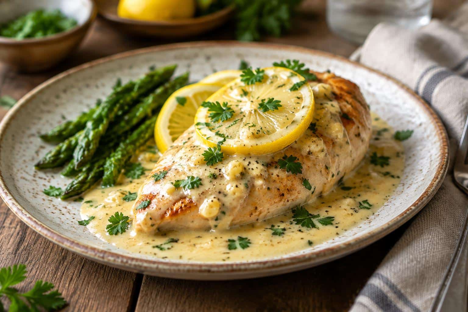 Creamy garlic lemon chicken plated with parsley and lemon slices in creamy sauce