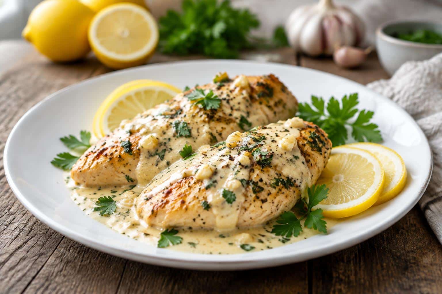 Creamy garlic lemon chicken plated with lemon slices and parsley garnish
