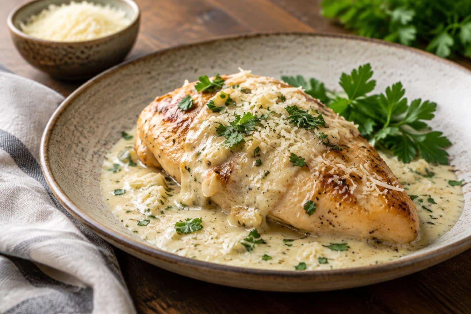 creamy garlic parmesan chicken on rustic plate with parsley garnish and creamy sauce