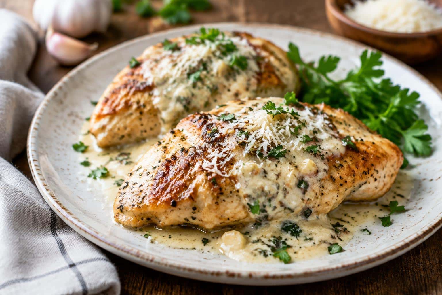 Creamy garlic parmesan chicken plated with fresh parsley garnish and parmesan cheese