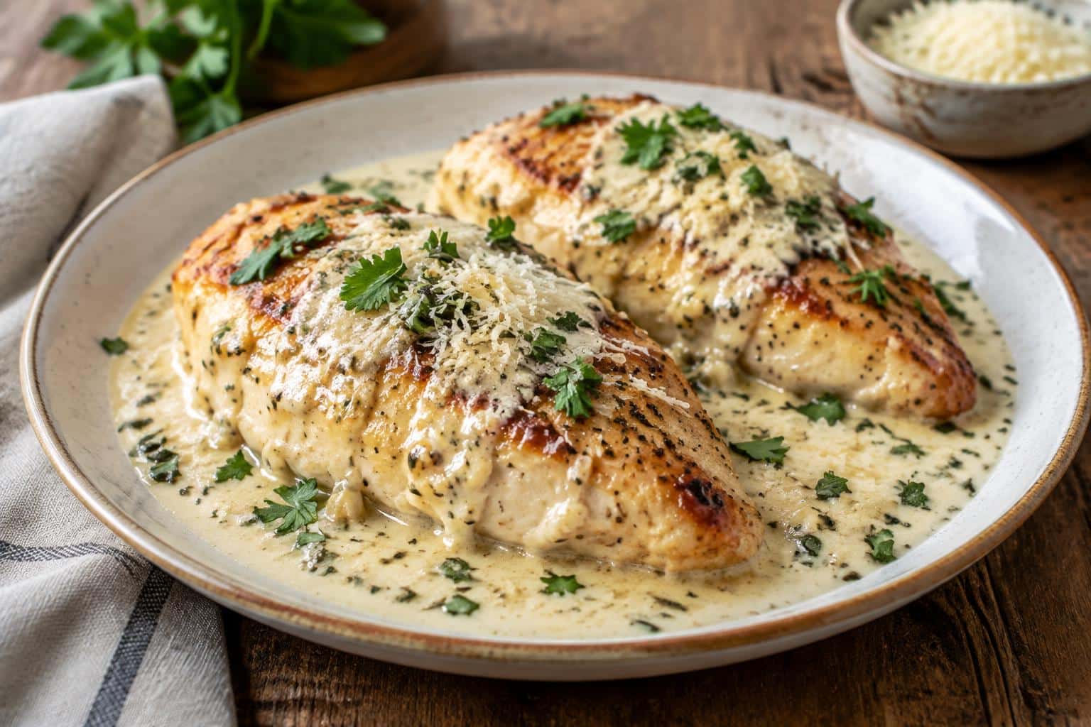 Creamy garlic parmesan chicken plated with rich sauce and parsley garnish, showcasing the creamy garlic parmesan chicken