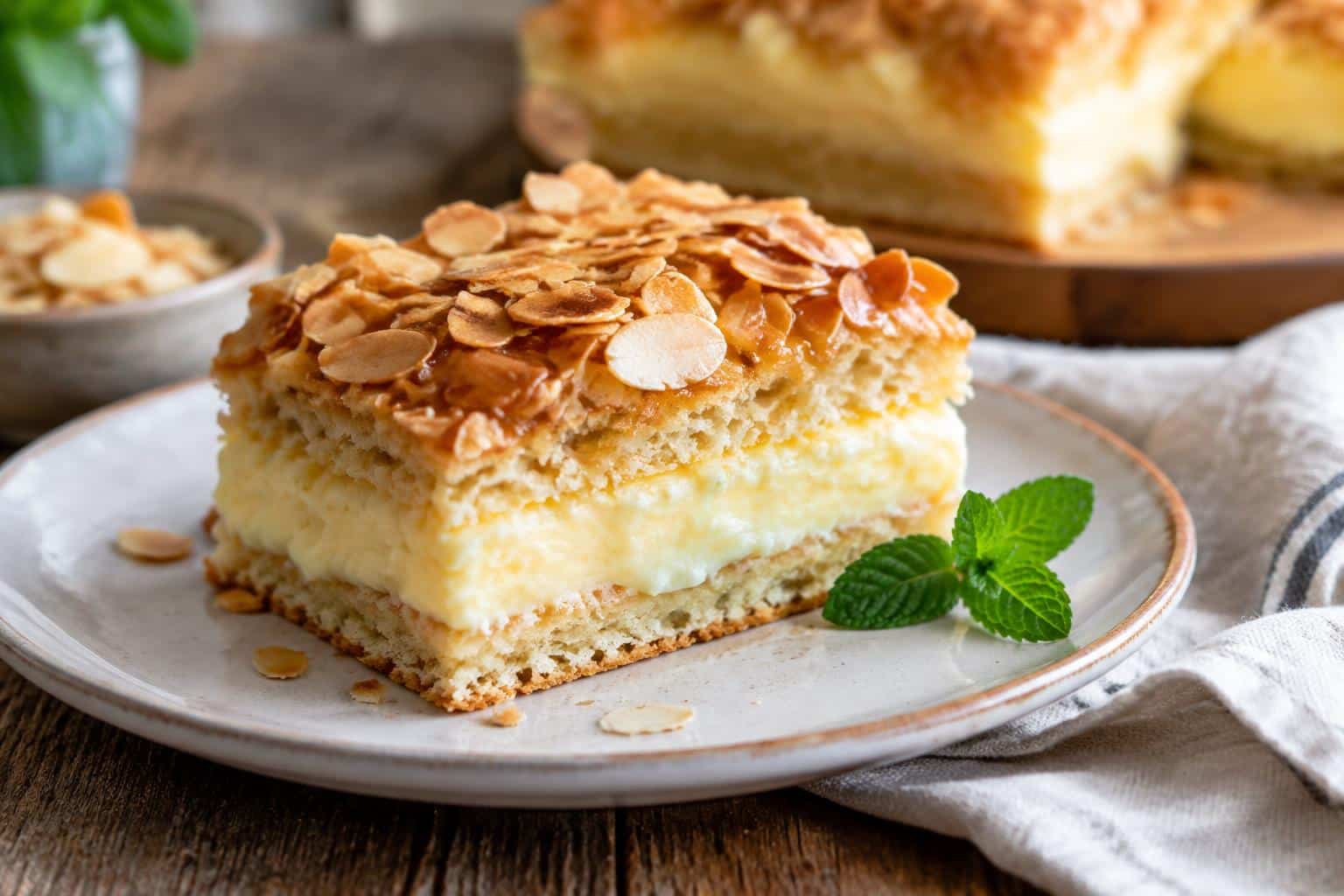 Slice of creamy German bee sting cake with honey-almond topping and custard filling