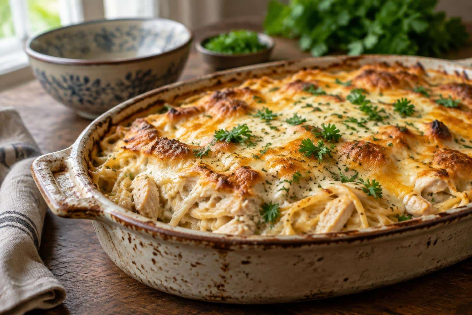 Creamy chicken spaghetti bake with golden cheese crust and parsley garnish in casserole dish