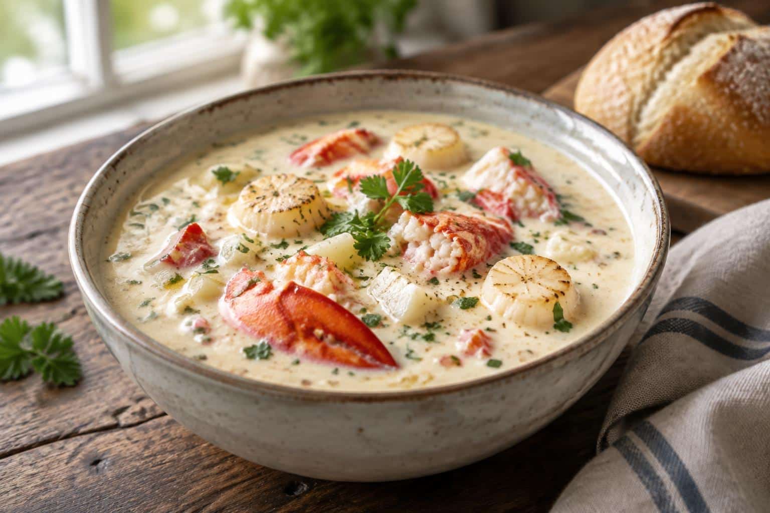 Creamy lobster scallop chowder in a bowl garnished with parsley, showing tender seafood chunks