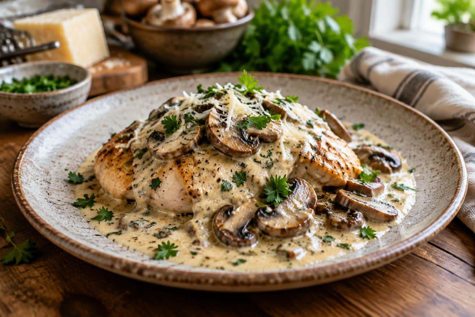 Creamy mushroom asiago chicken plated with fresh parsley garnish and sautéed mushrooms