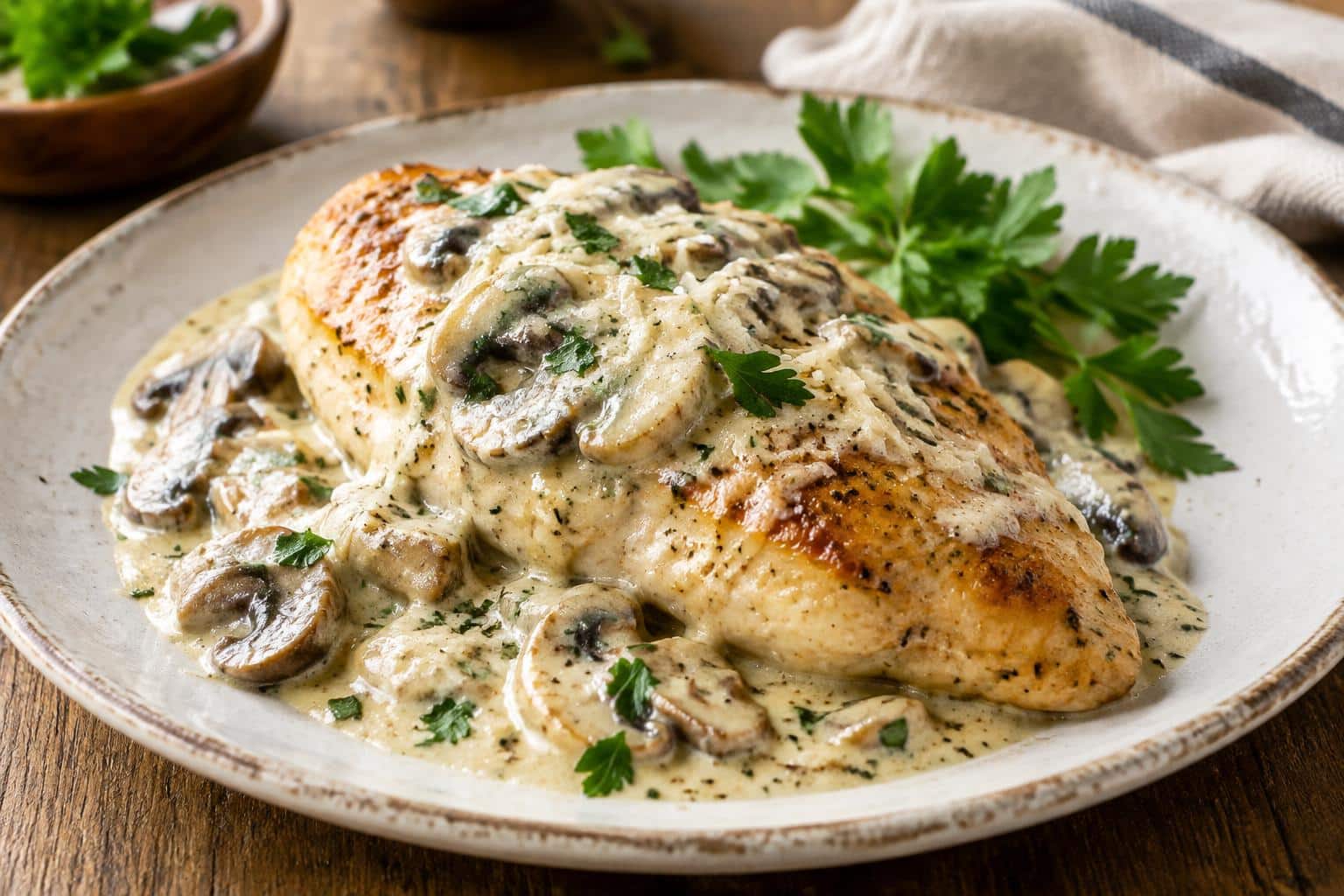 Creamy mushroom asiago chicken with rich sauce and mushrooms garnished with parsley