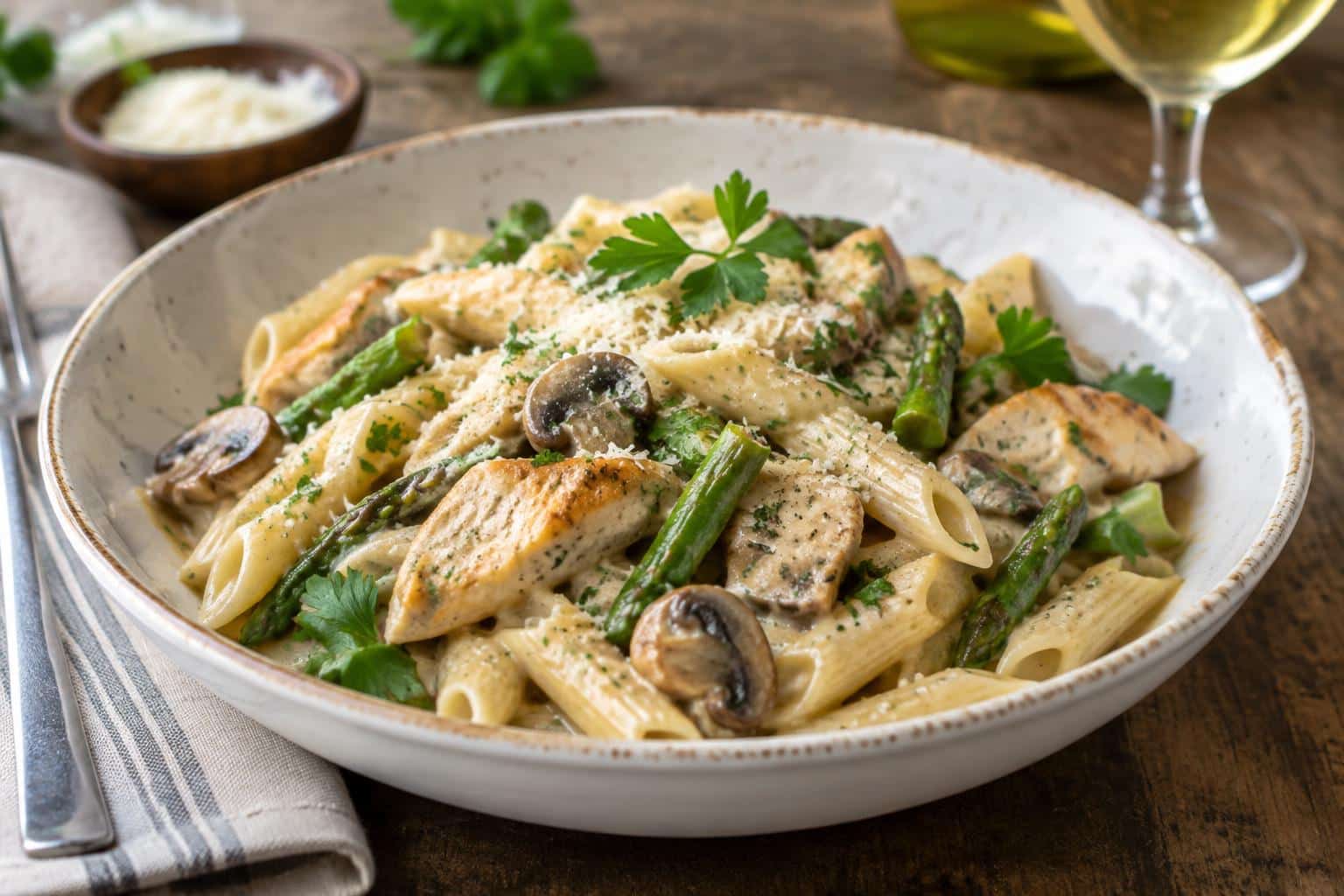 Creamy mushroom and asparagus chicken penne in rustic bowl garnished with parsley and Parmesan