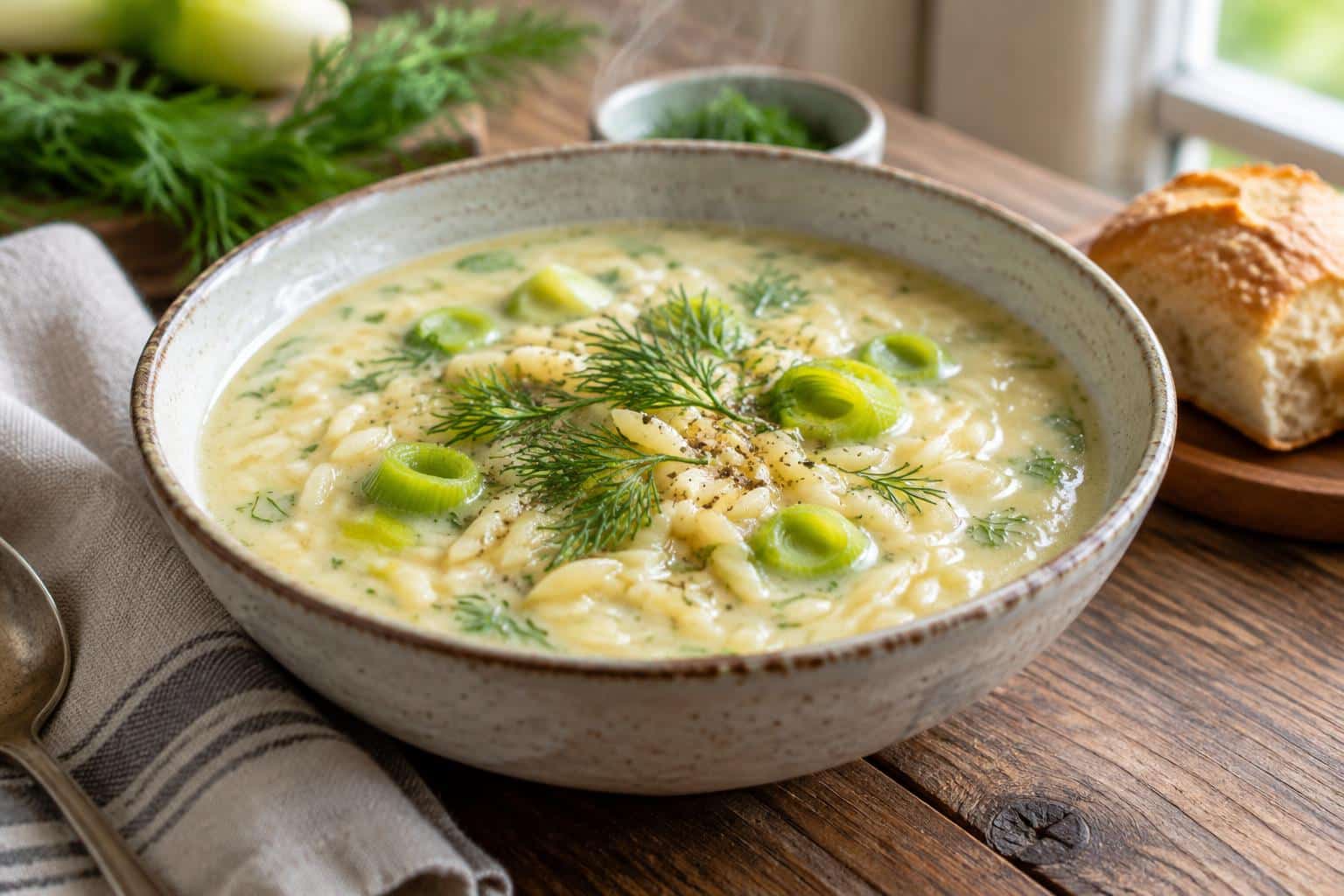 Creamy orzo soup with leek and dill garnished with fresh herbs in a white bowl