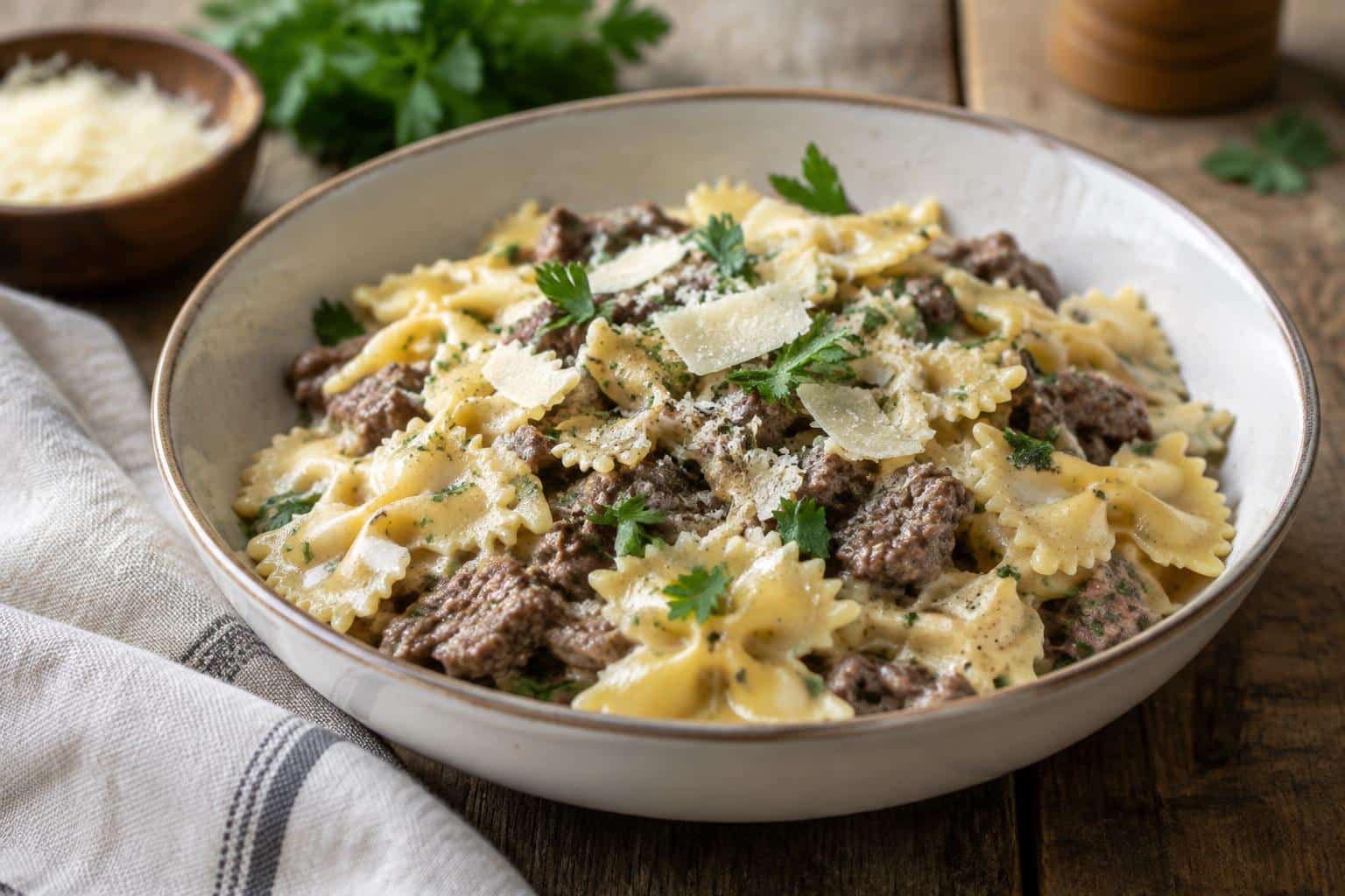 Creamy parmesan garlic beef bowtie pasta garnished with parsley and parmesan