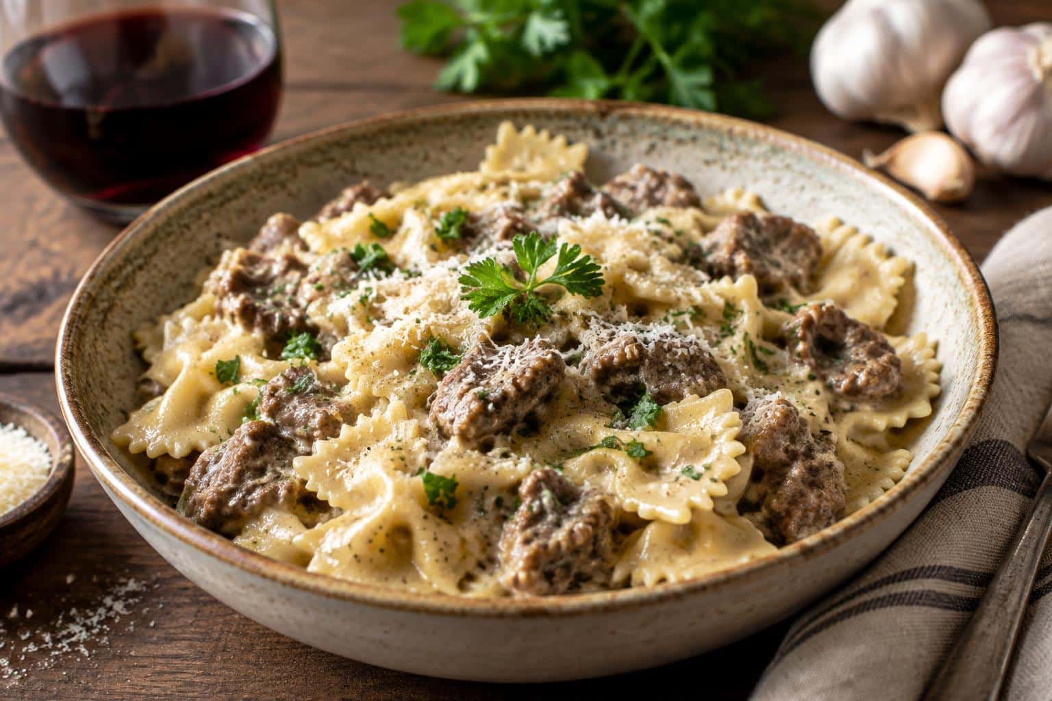 Creamy parmesan garlic beef pasta served in a bowl garnished with parsley and parmesan cheese