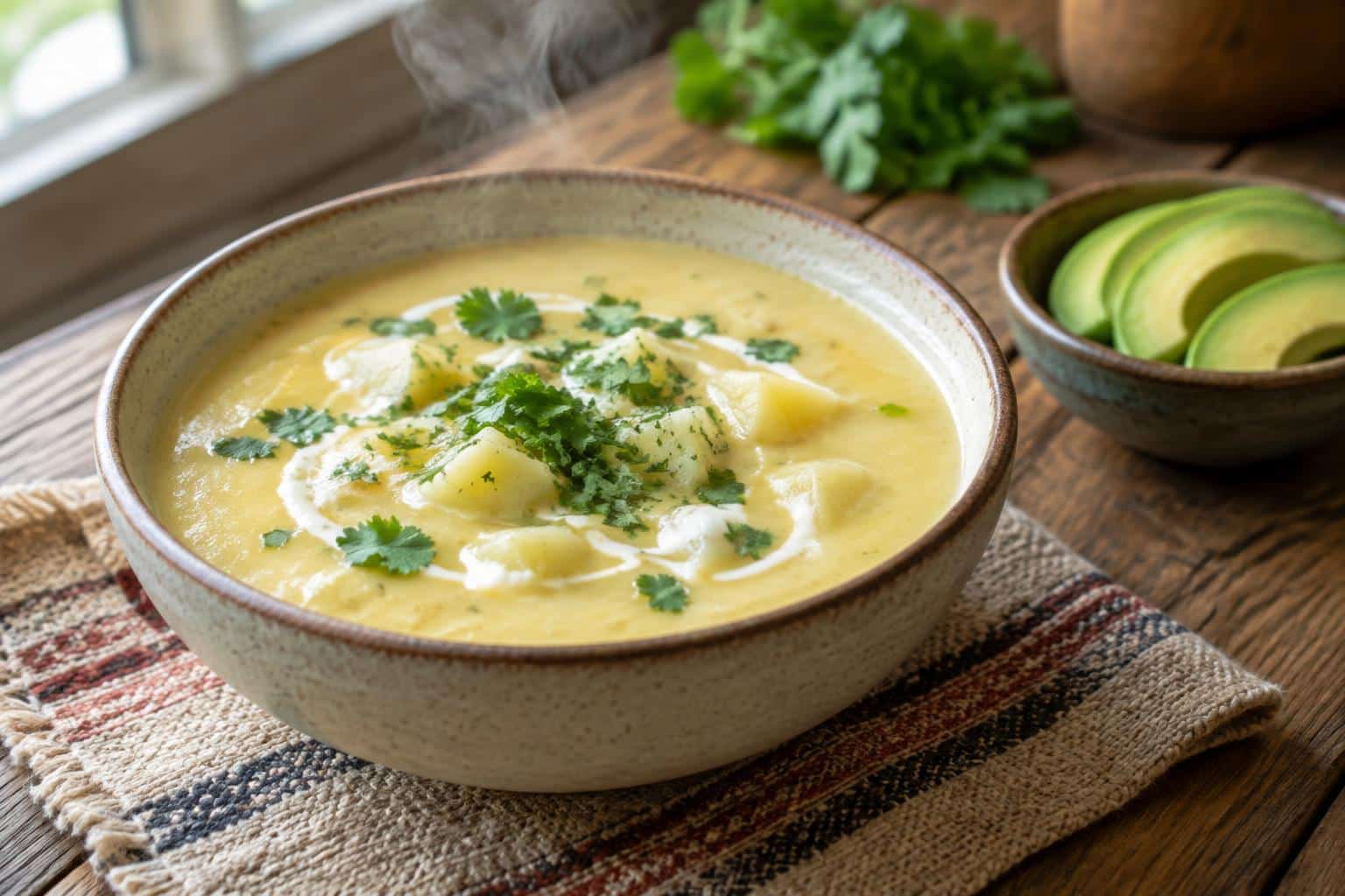Creamy Peruvian potato soup in a bowl garnished with cilantro and cream