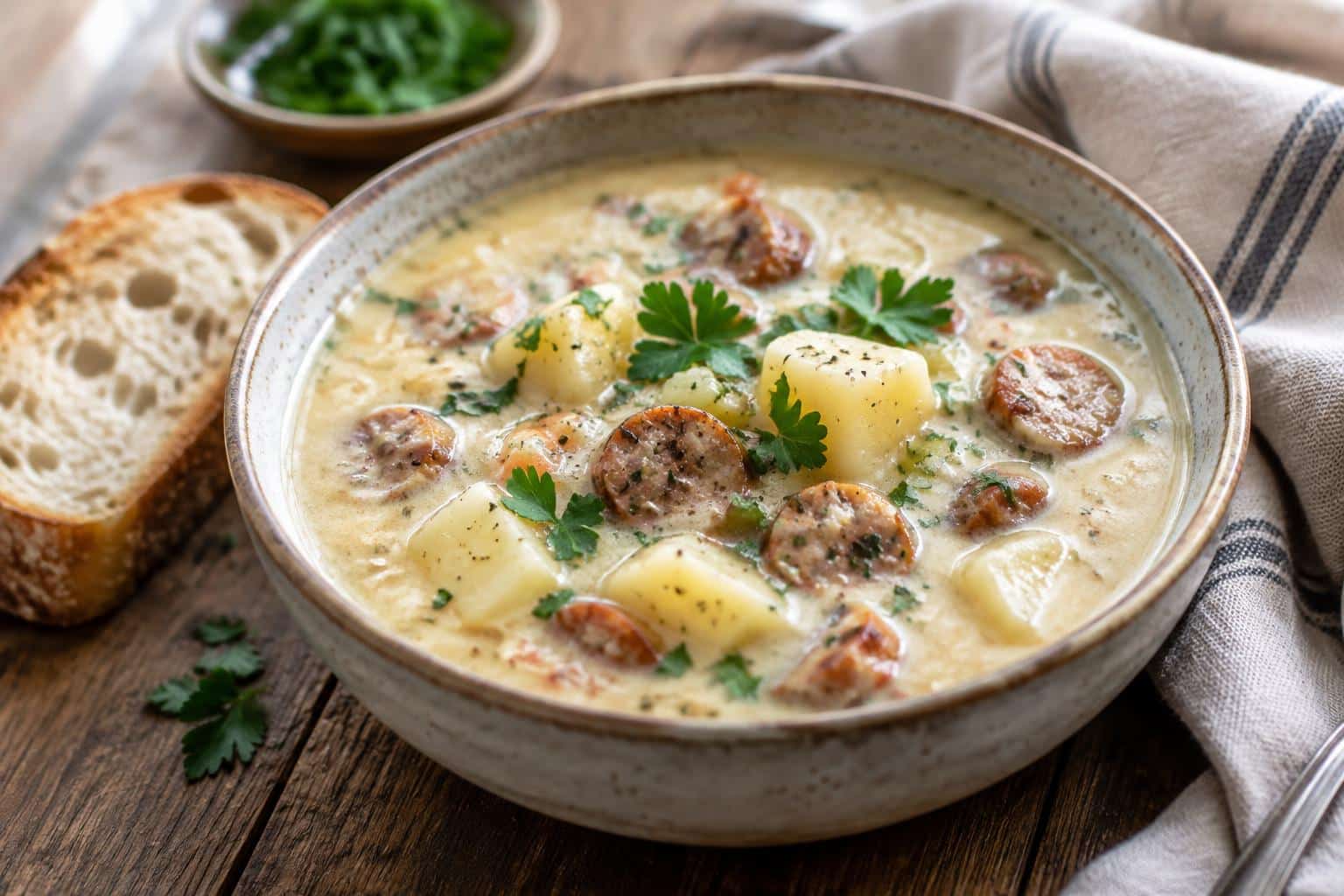 Creamy potato sausage chowder in a white bowl garnished with parsley