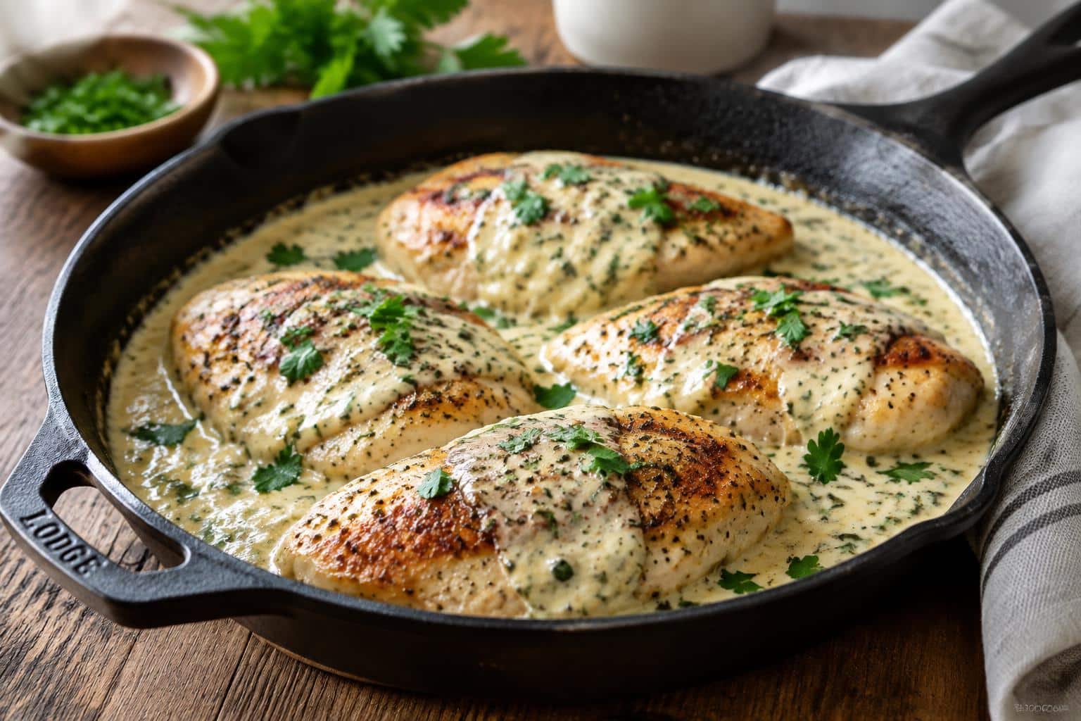 Creamy ranch chicken skillet with pan-seared chicken and creamy ranch sauce garnished with parsley