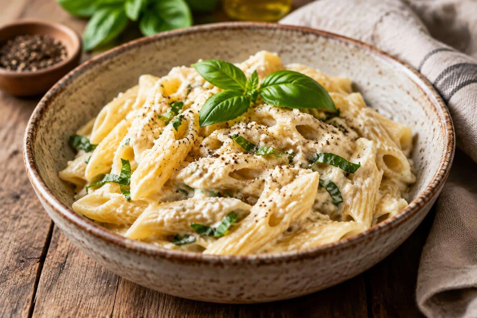 Creamy ricotta pasta in a rustic bowl garnished with fresh basil and cracked black pepper