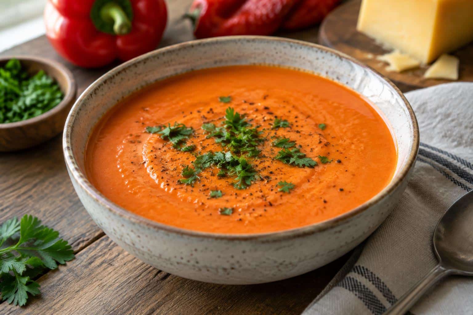 Creamy roasted red pepper soup with Gouda cheese garnished with parsley