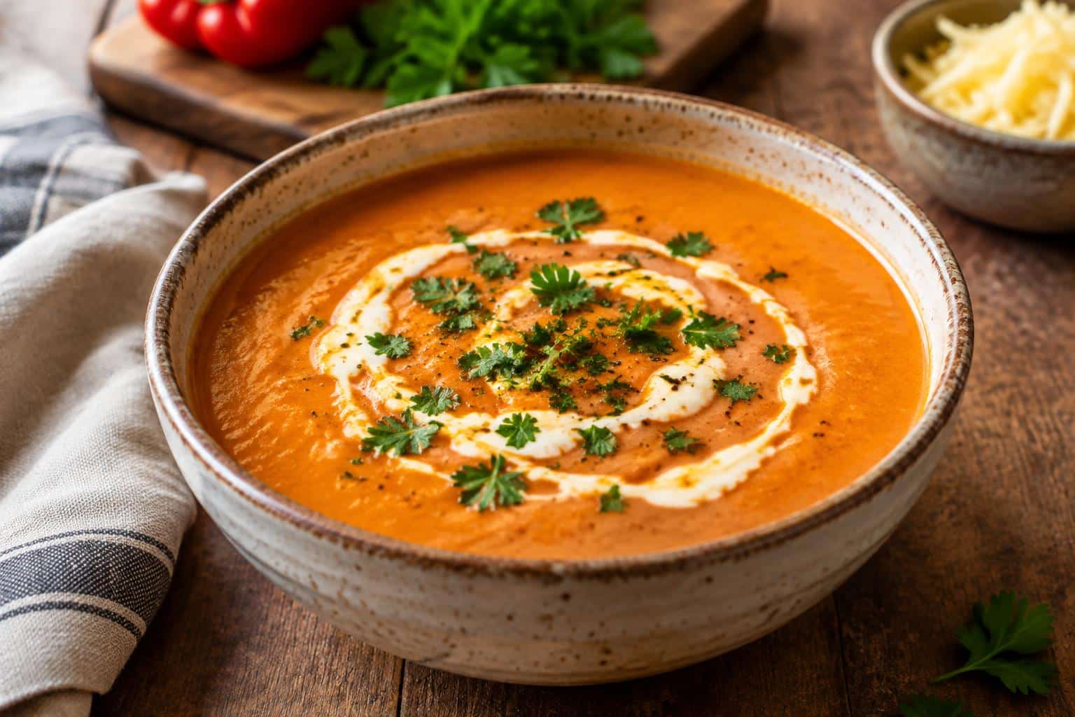 Creamy roasted red pepper gouda soup garnished with parsley and cream in a rustic bowl