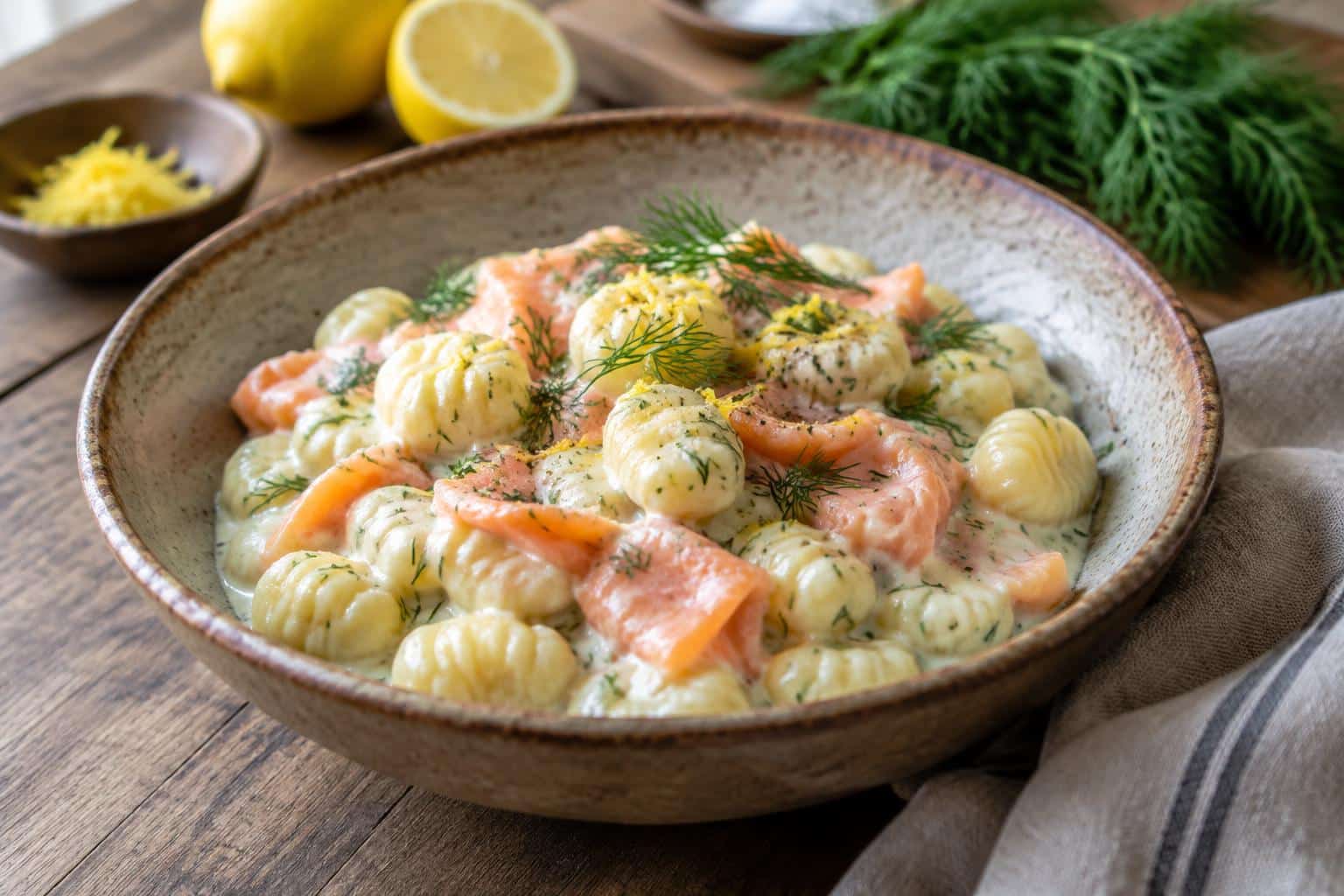 Creamy smoked salmon gnocchi garnished with fresh dill and lemon zest in a rustic bowl