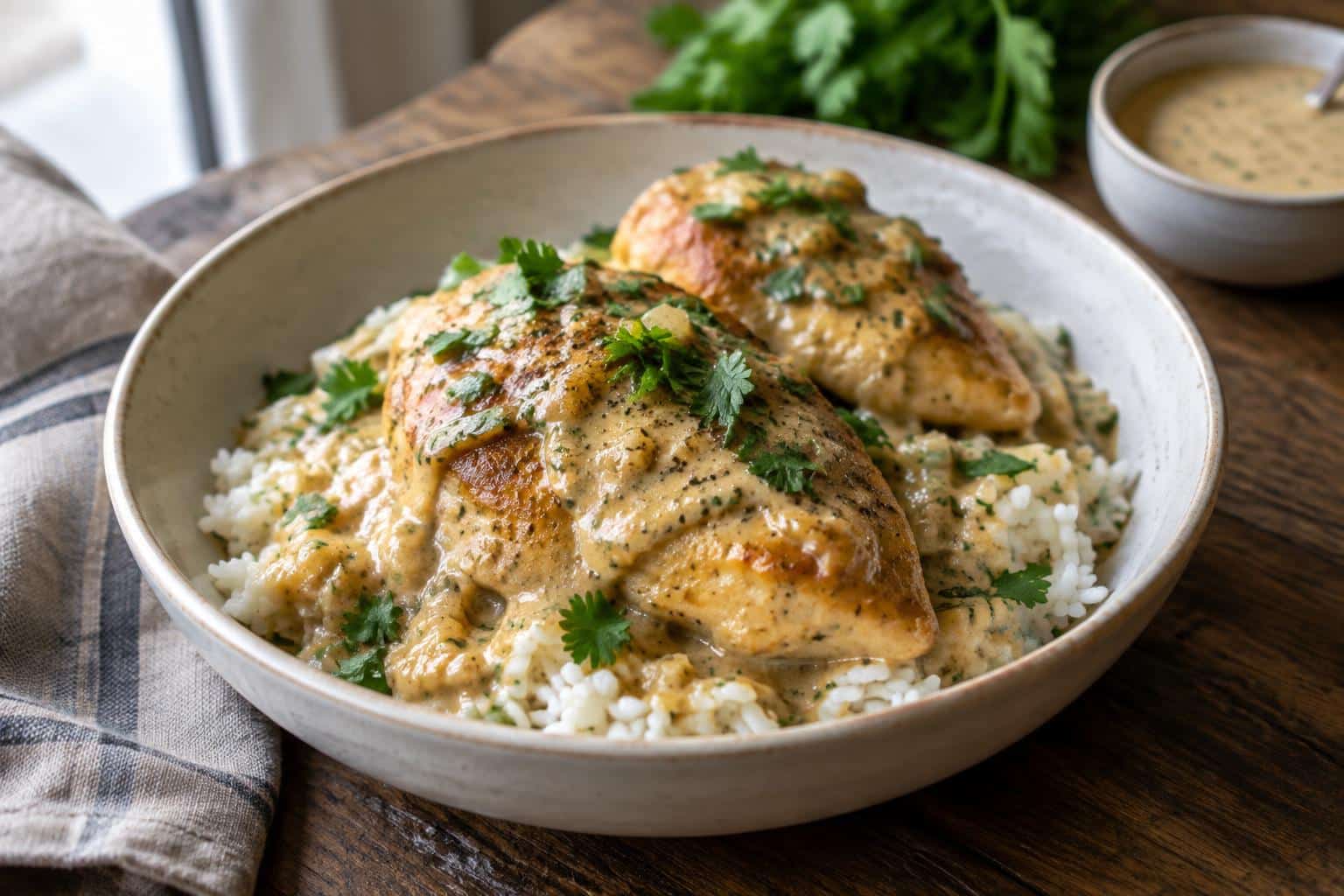 Creamy smothered chicken rice plated with parsley garnish and rich sauce