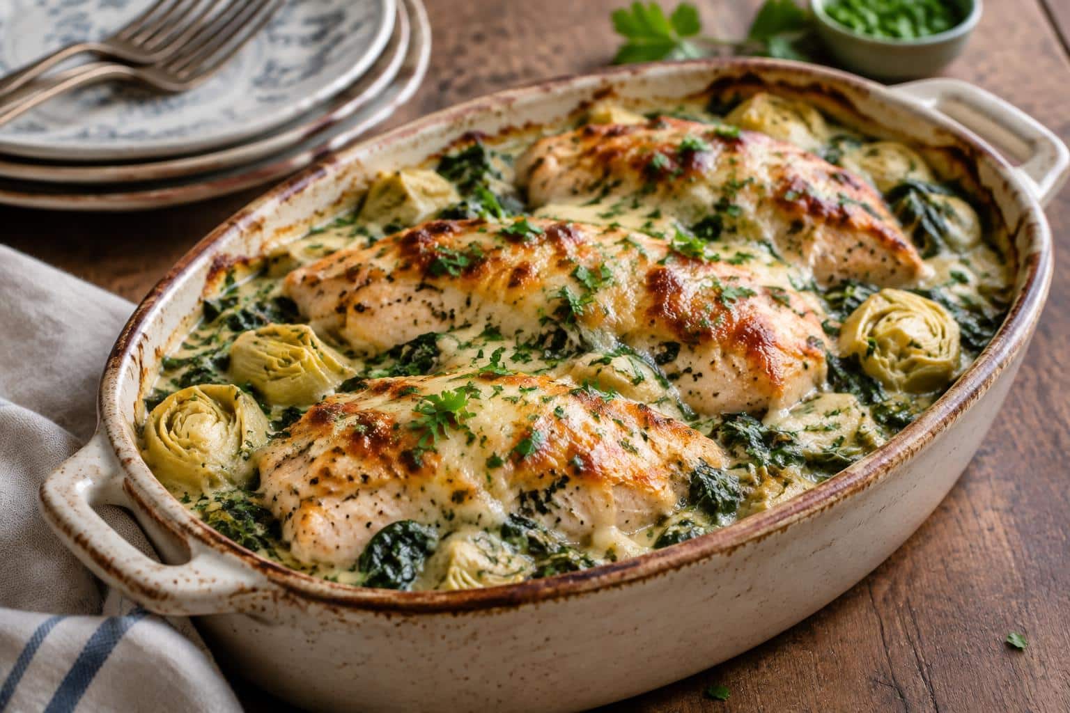 Creamy spinach artichoke chicken bake with golden cheese and parsley garnish served in casserole dish