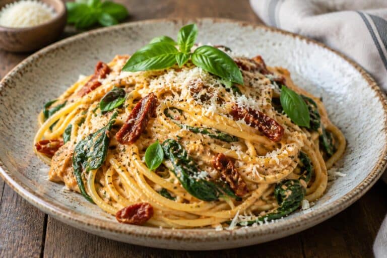 Creamy spaghetti with sun-dried tomato cream sauce and fresh spinach on a rustic plate