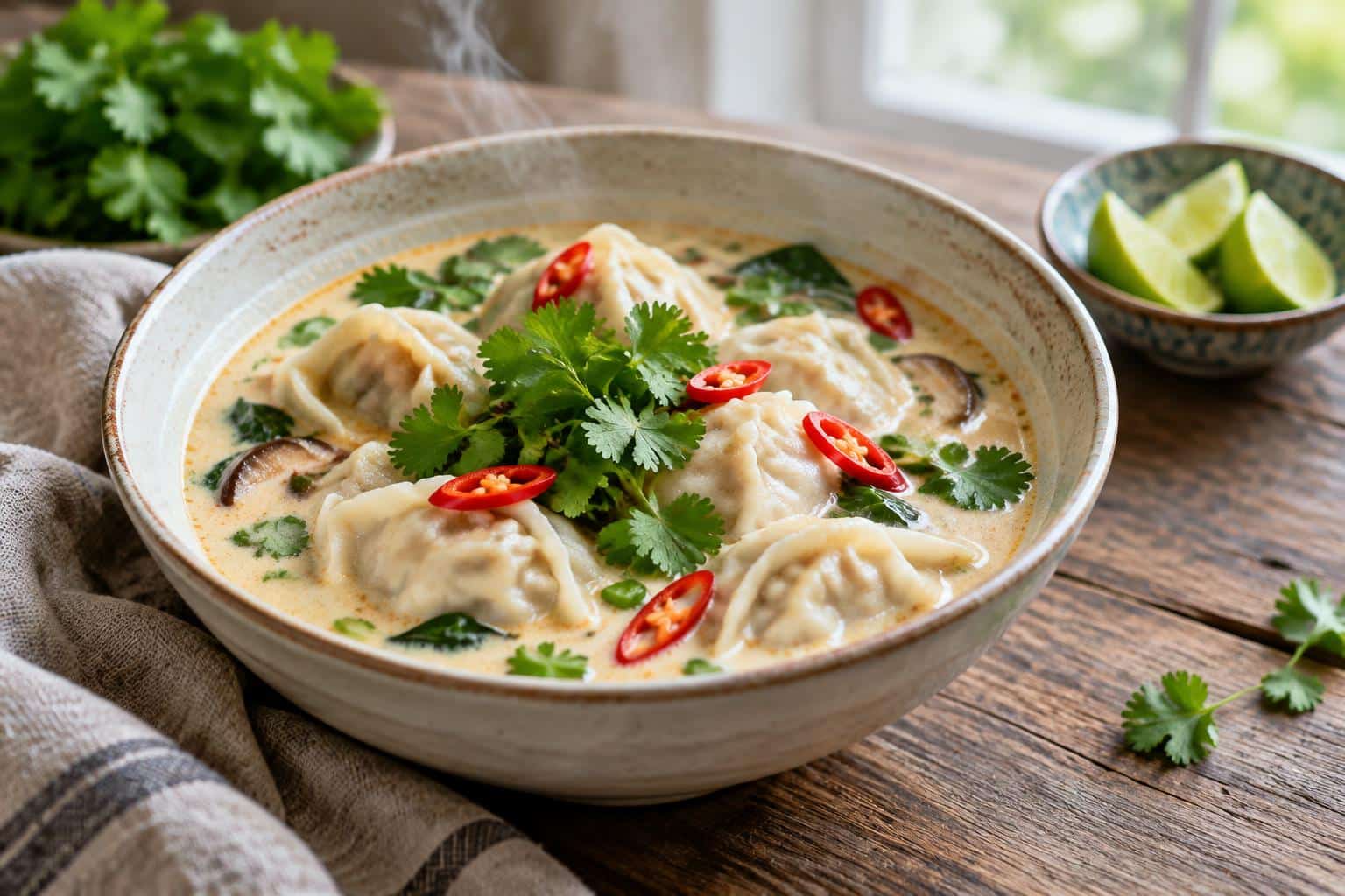 A bowl of creamy Thai dumpling soup garnished with fresh herbs and chili slices