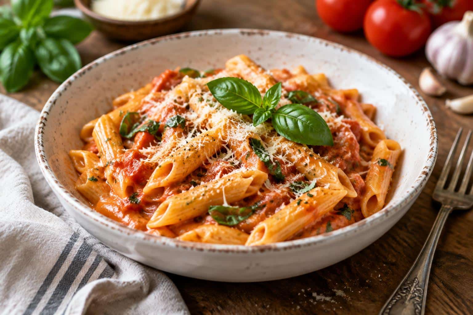 Creamy tomato garlic pasta garnished with fresh basil leaves and parmesan cheese