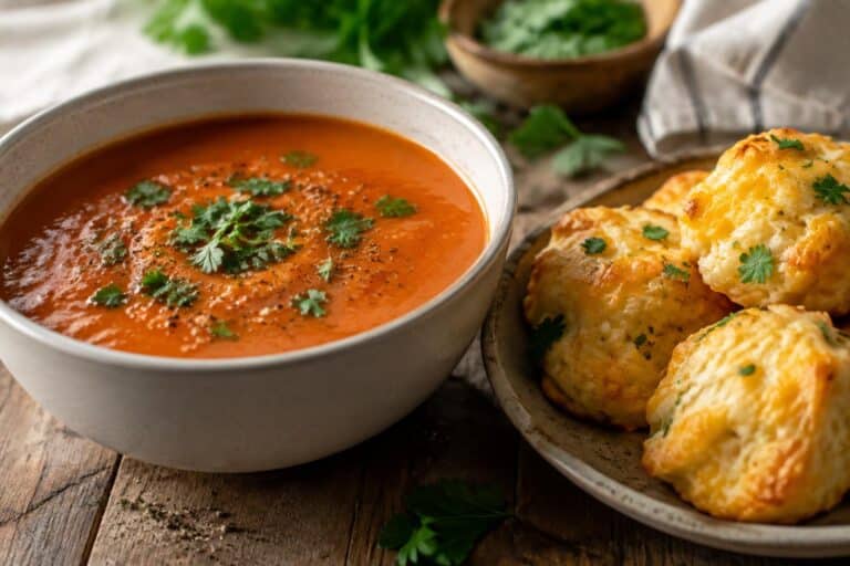 Creamy tomato soup served with cheesy cheddar bay dumplings garnished with parsley