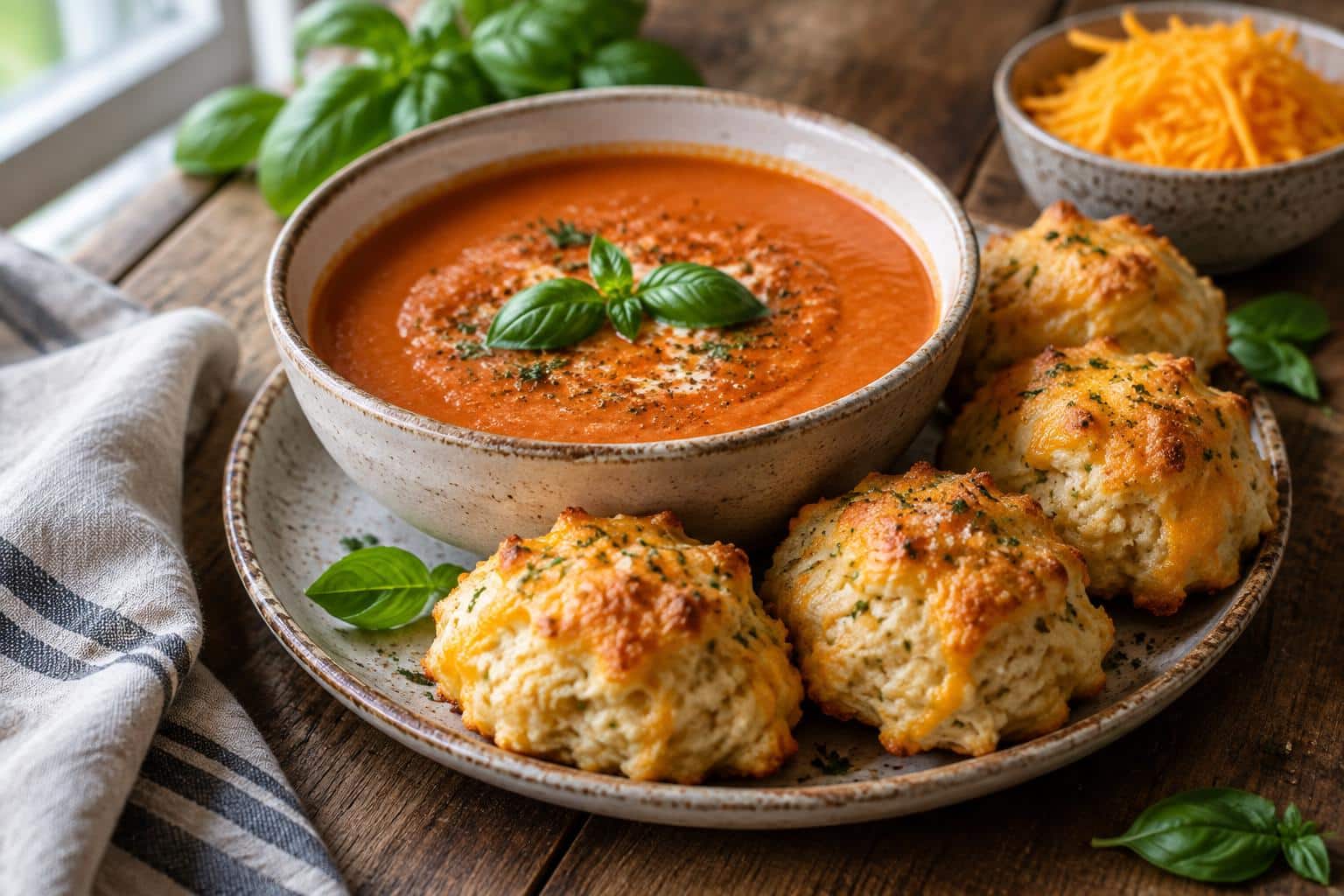 Creamy tomato soup served with cheesy cheddar bay dumplings on a rustic wooden table