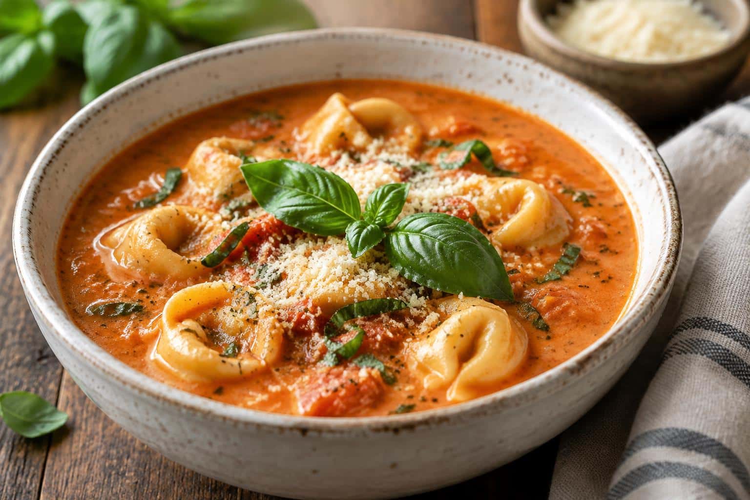 Creamy tomato tortellini soup in a bowl garnished with fresh basil and Parmesan cheese