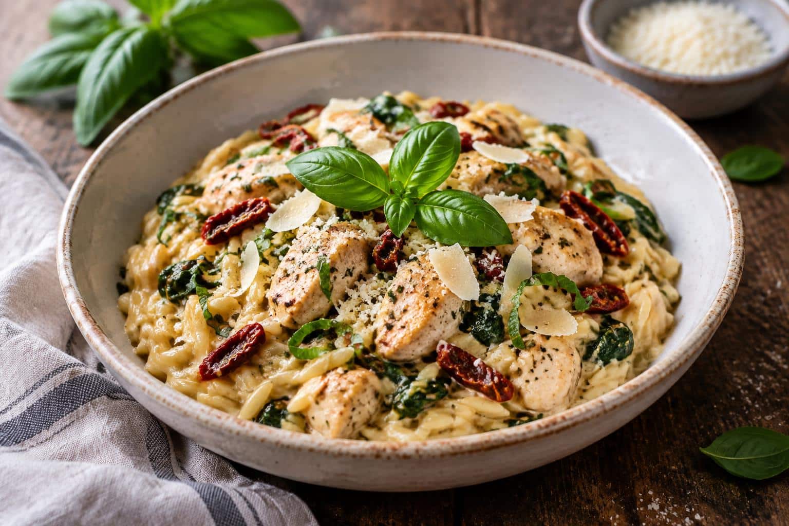 Creamy Tuscan chicken orzo in a bowl with spinach and sun-dried tomatoes