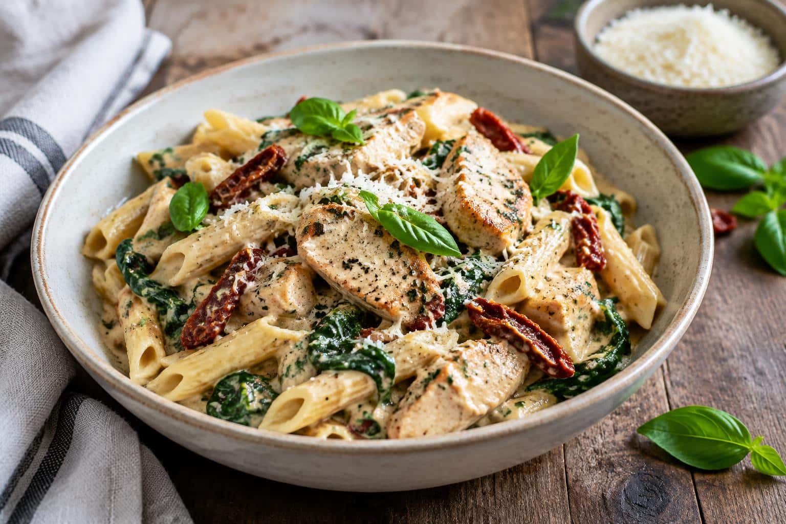 Creamy Tuscan chicken pasta with sun-dried tomatoes and spinach in a garlic cream sauce