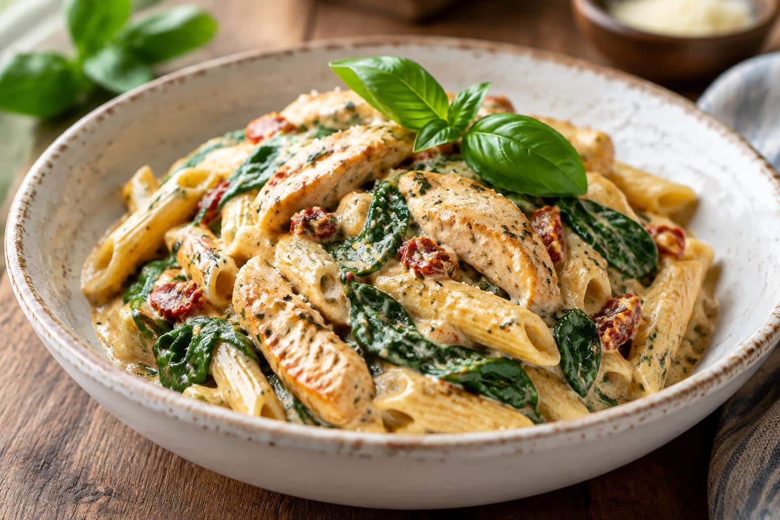 Creamy Tuscan chicken pasta with fresh spinach in a rustic bowl, creamy tuscan chicken pasta