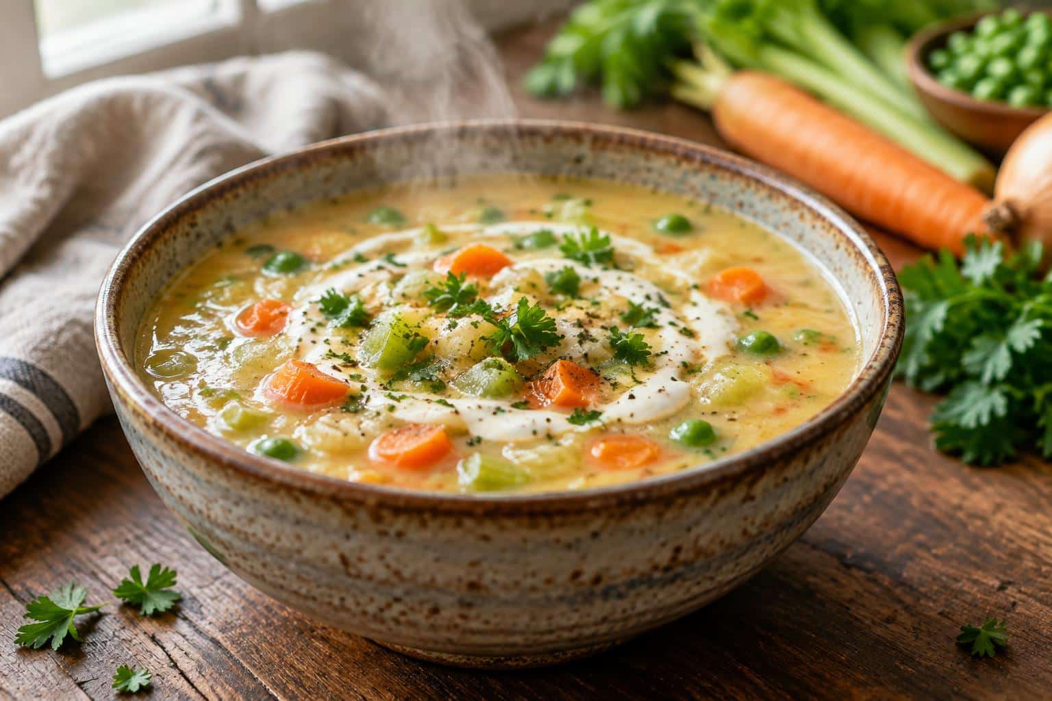 Creamy vegetable soup in a rustic bowl garnished with fresh parsley