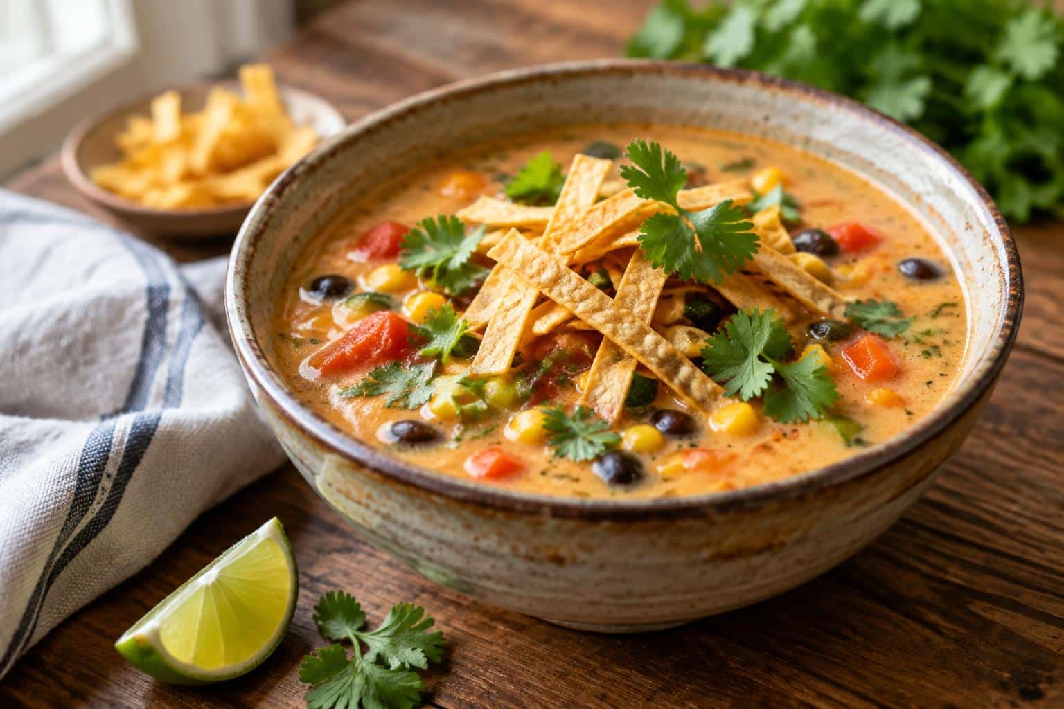 Creamy veggie tortilla soup garnished with crispy tortilla strips and cilantro in a rustic bowl