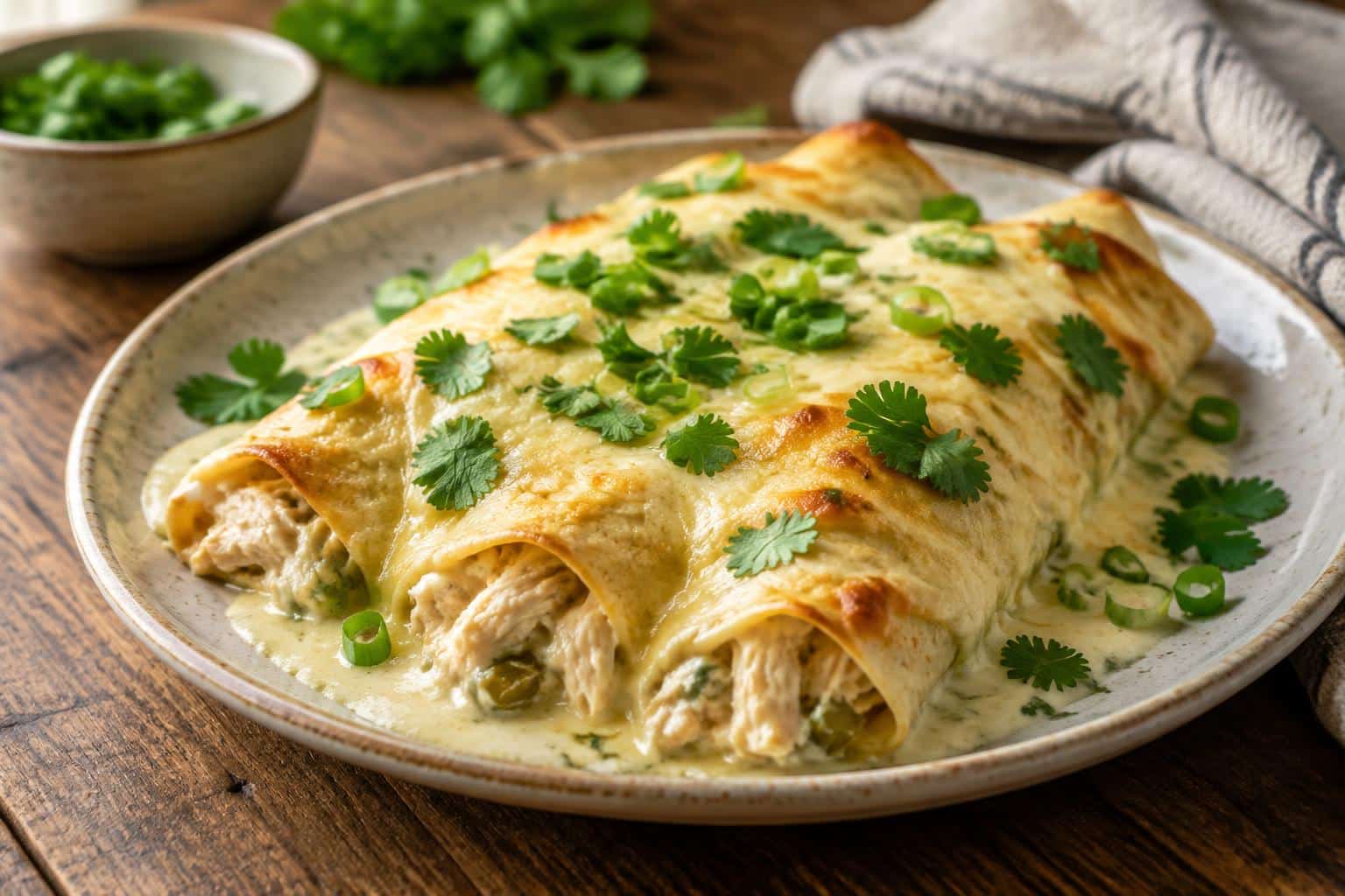 Creamy white chicken enchiladas topped with melted cheese and fresh cilantro on a rustic plate