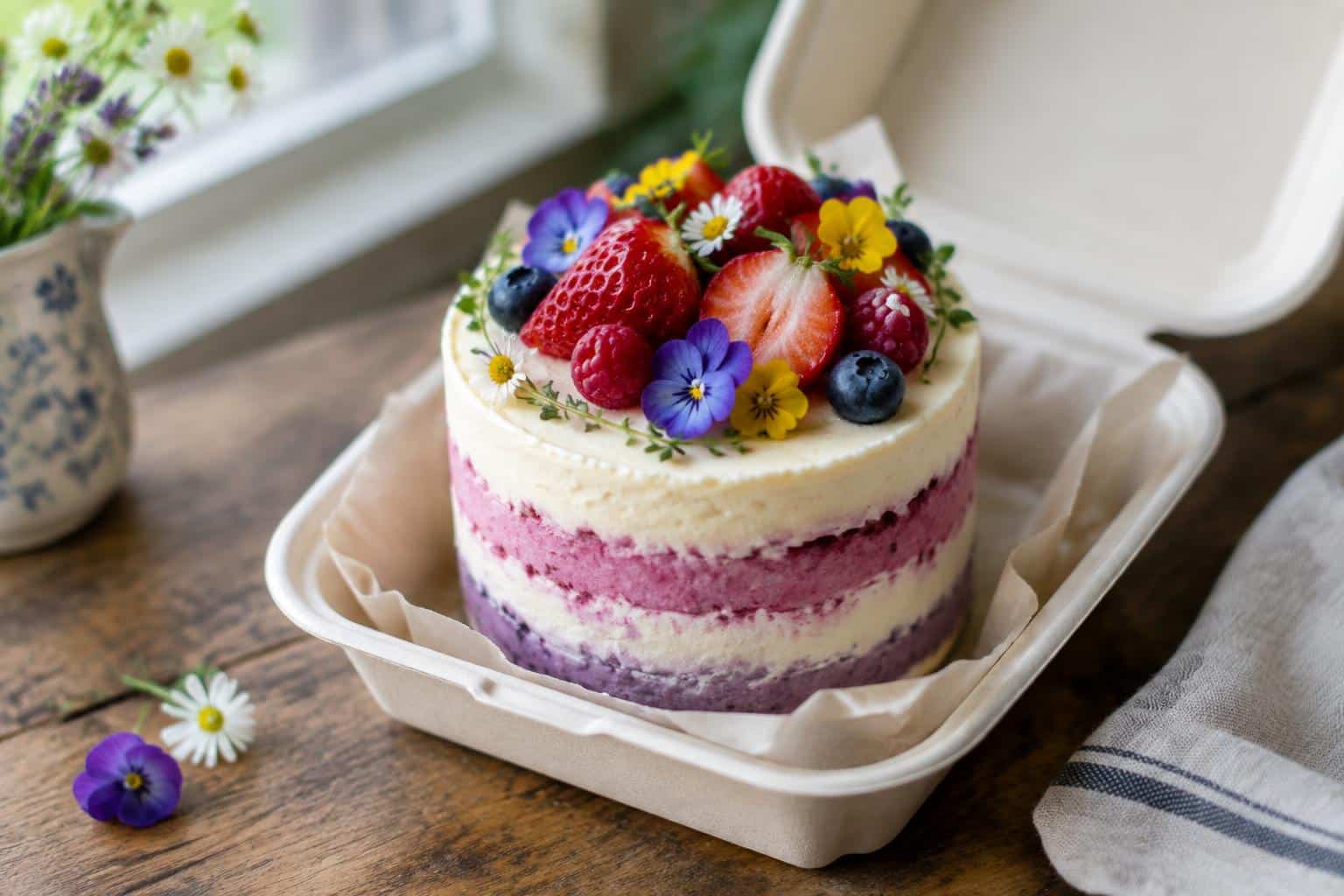 Creative bento cake ideas showing a colorful birthday bento cake with fresh fruit and edible flowers