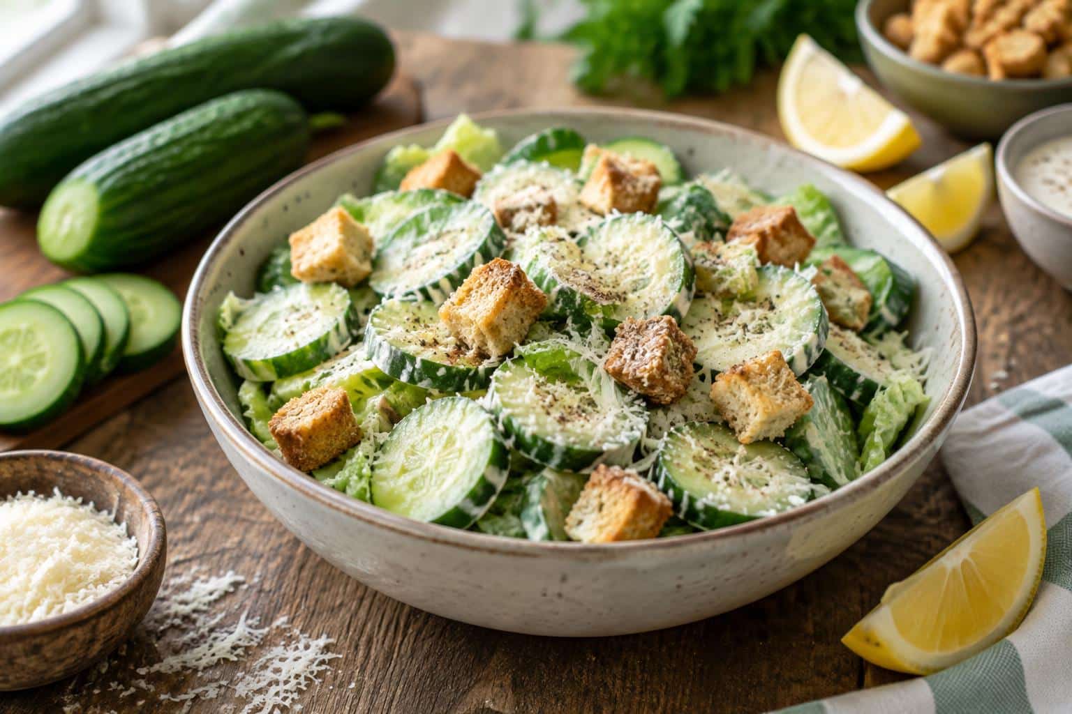 Fresh crisp cucumber caesar salad with creamy dressing and Parmesan, perfect cucumber caesar salad