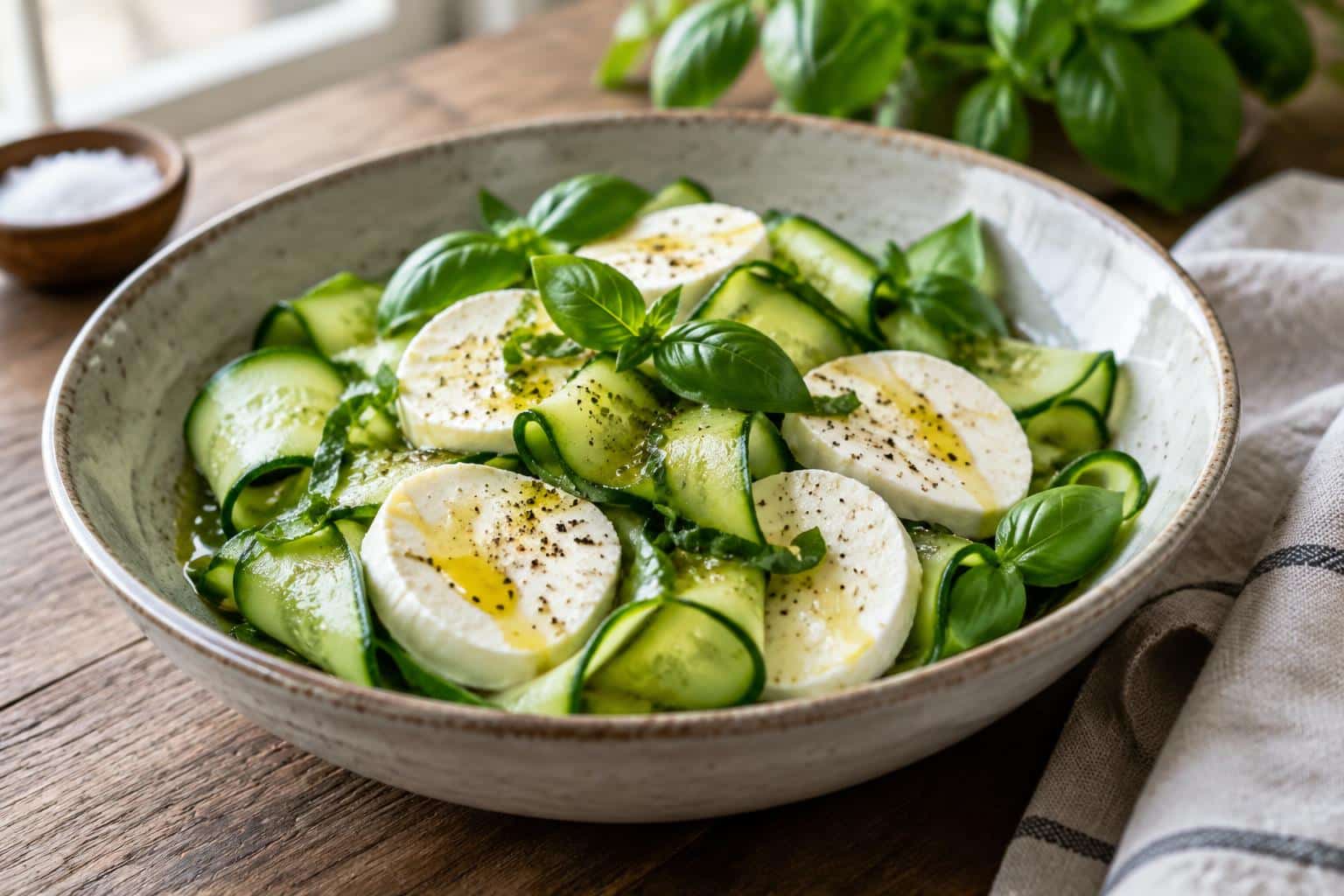 Crisp cucumber mozzarella salad with fresh basil and olive oil drizzle