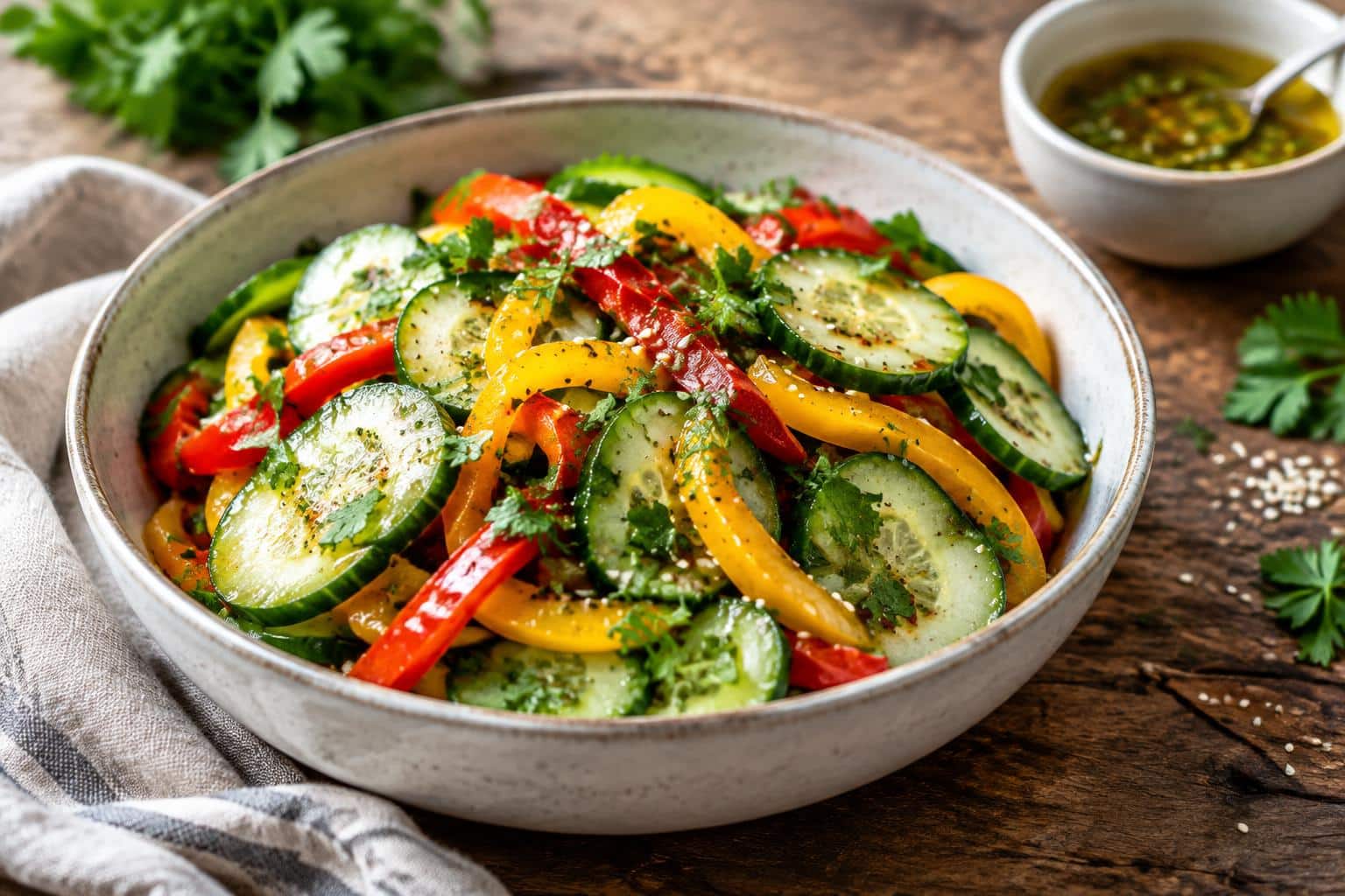 Crisp cucumber sweet pepper salad in a bowl with fresh herbs and vinaigrette dressing