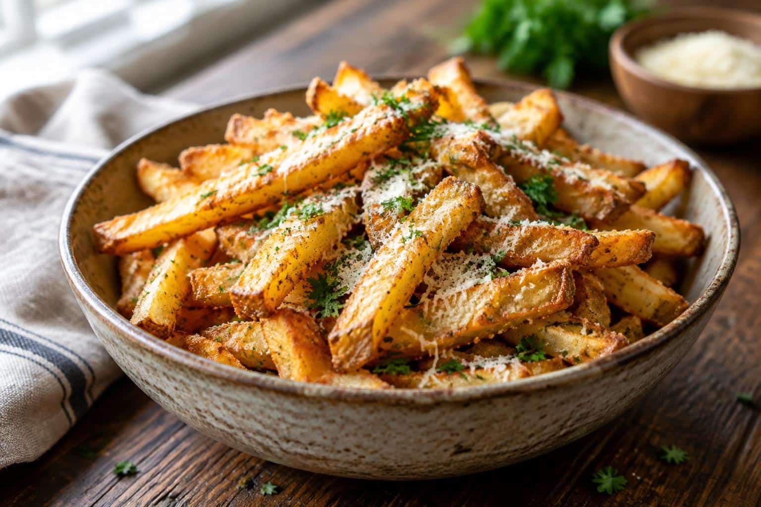 Golden crispy air fryer fries with garlic parmesan seasoning garnished with parsley