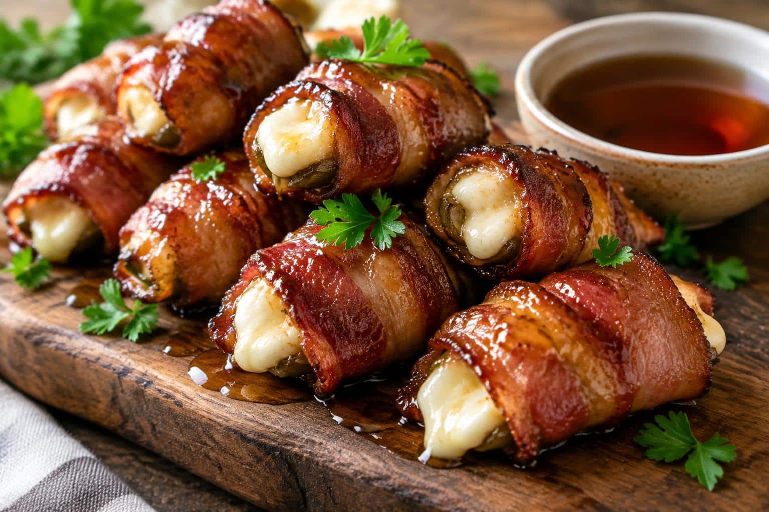 Crispy bacon-wrapped mozzarella poppers drizzled with sweet maple glaze on a wooden platter