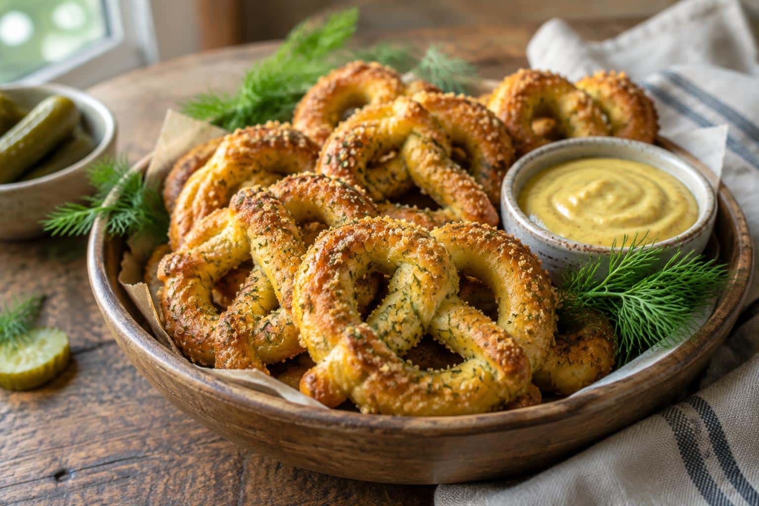 golden crispy baked dill pickle pretzels in rustic bowl garnished with dill