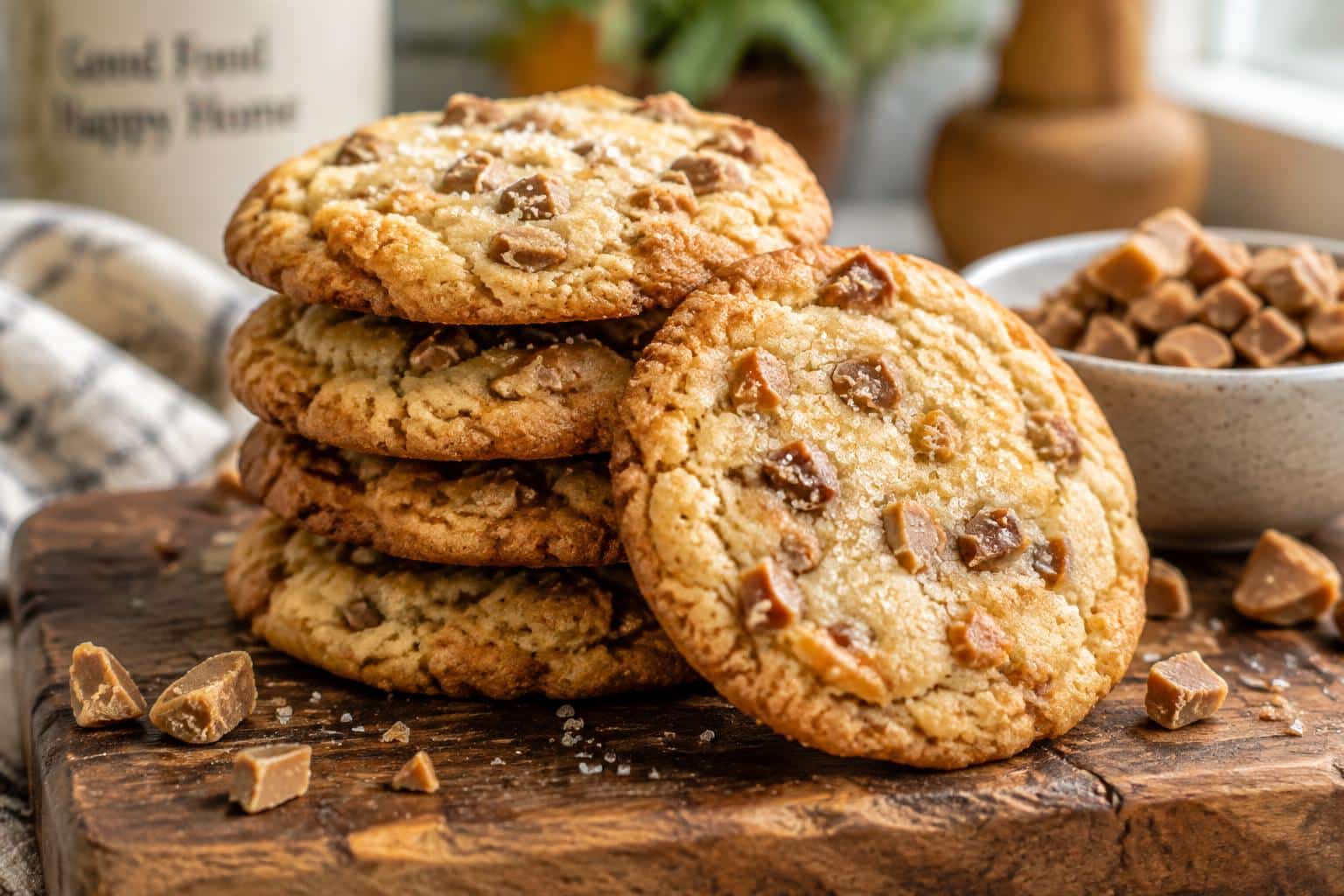 Close-up of crispy butter toffee sugar cookies with visible toffee bits on rustic wooden board