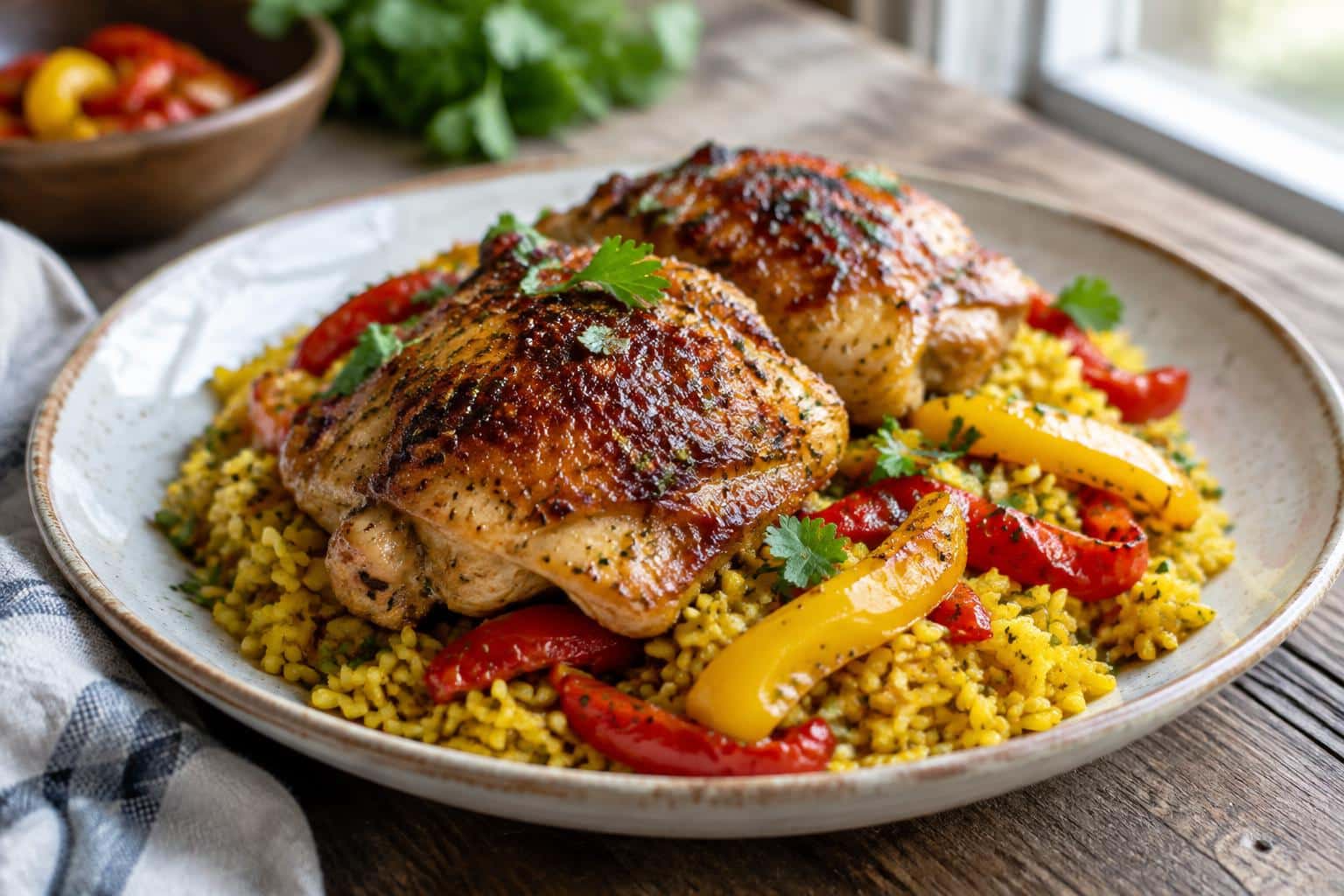 Crispy caramelized chicken thighs on turmeric Spanish rice with roasted peppers served on a rustic plate