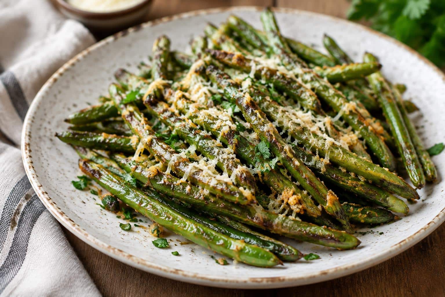 Crispy garlic parmesan roasted green beans garnished with parsley on a rustic plate