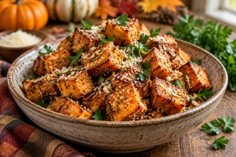 Crispy garlic parmesan sweet potatoes roasted and garnished with parsley
