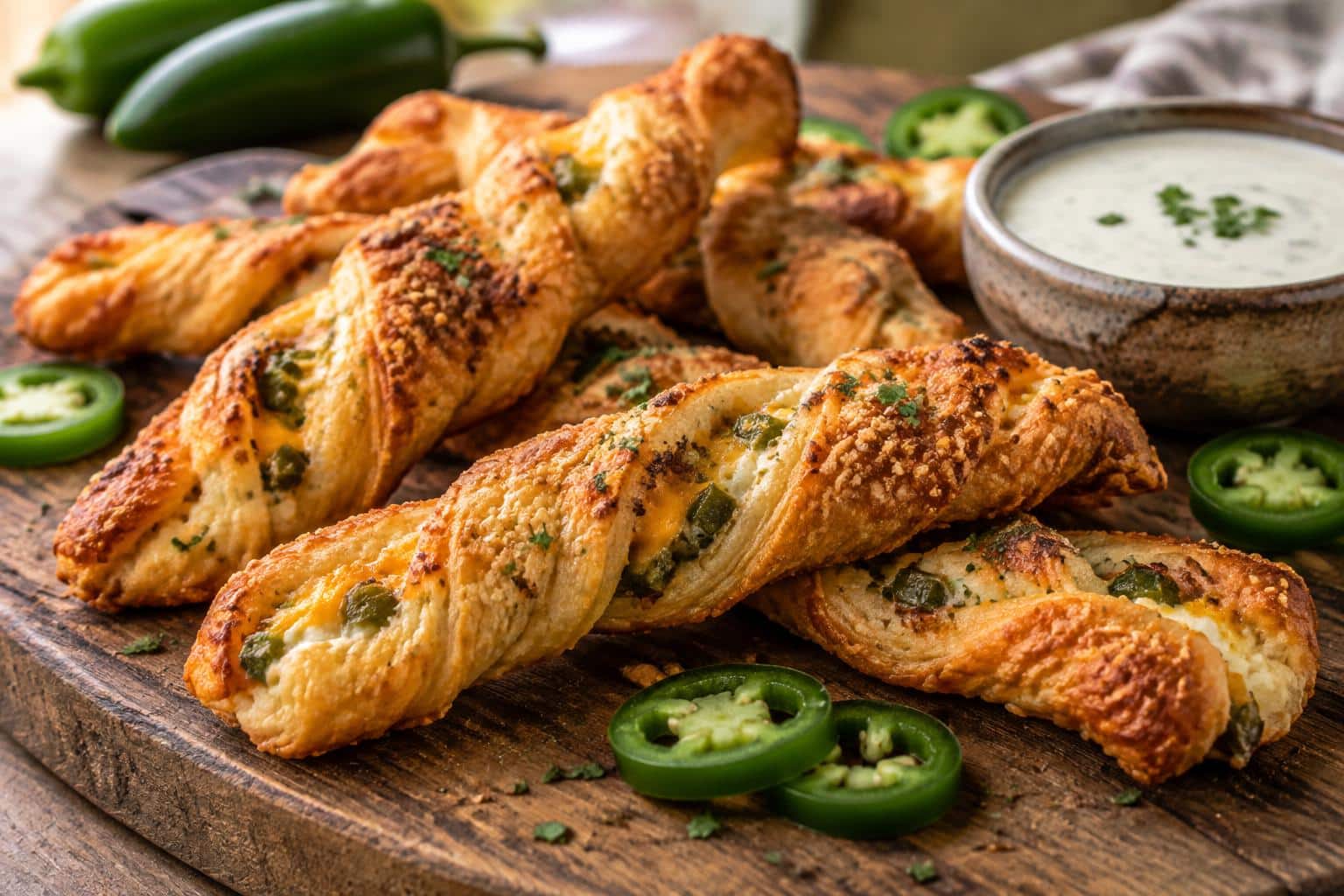 Golden crispy jalapeño popper twists appetizer with cream cheese and cheddar