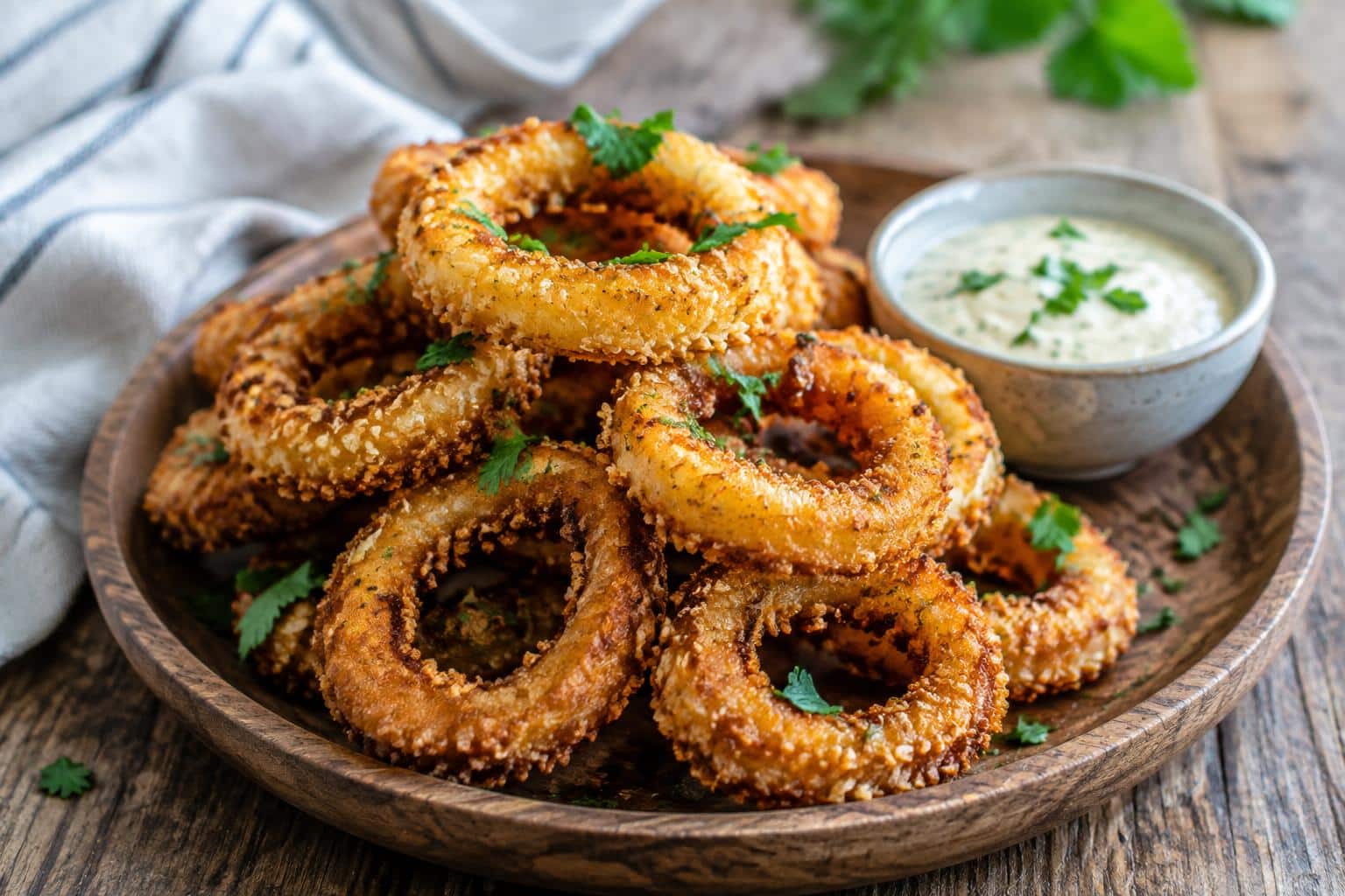 Golden crispy keto onion rings baked with no breadcrumbs and no frying, garnished with parsley and dipping sauce