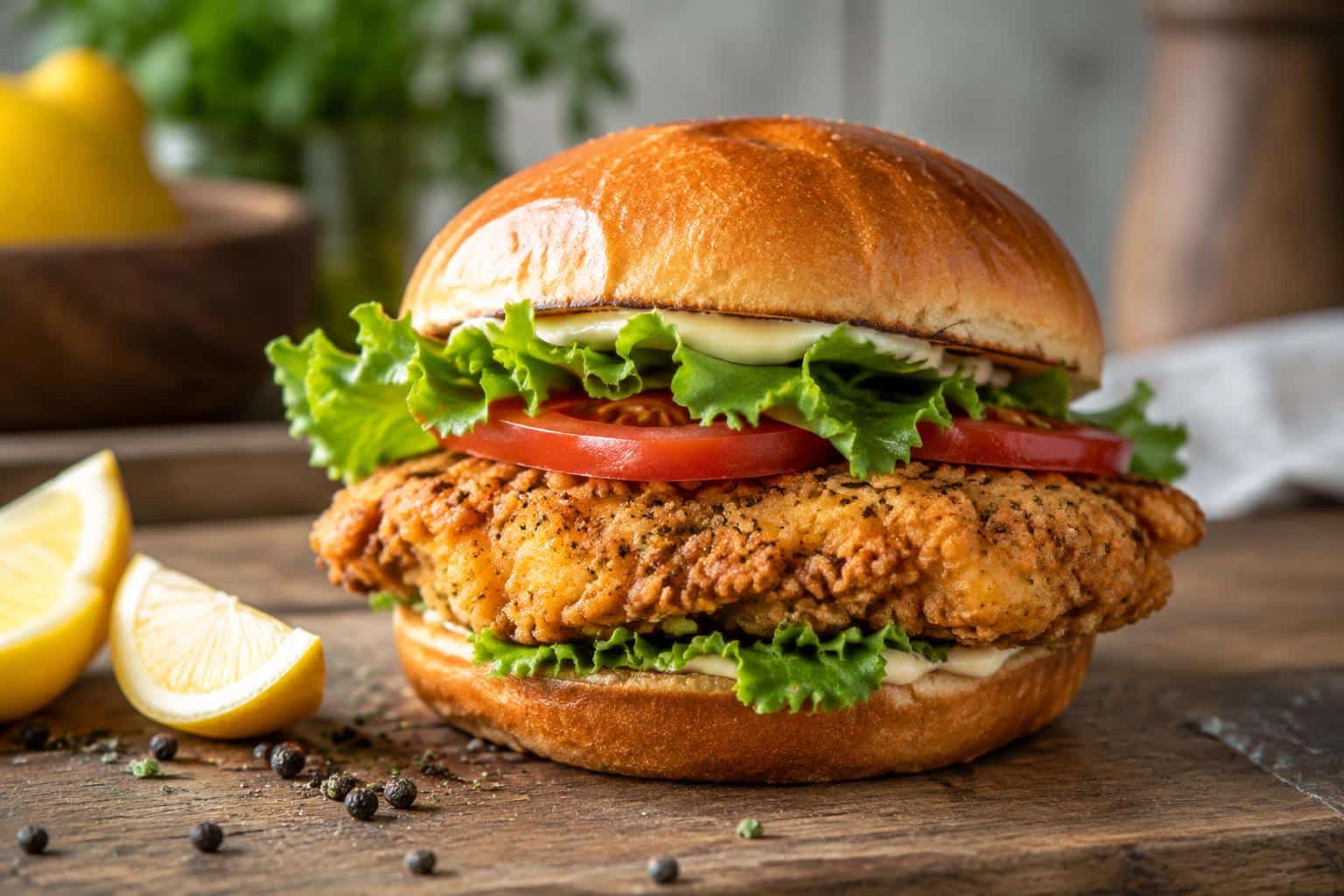 Crispy lemon pepper chicken sandwich with lettuce and tomato on toasted bun